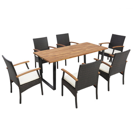 7 Pieces Outdoor Wicker Chair and Dining Table Set-Wood Handrail