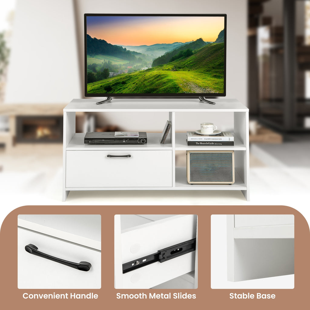Modern Media Console Table with 3 Open Compartments and 1 Storage Drawer-White