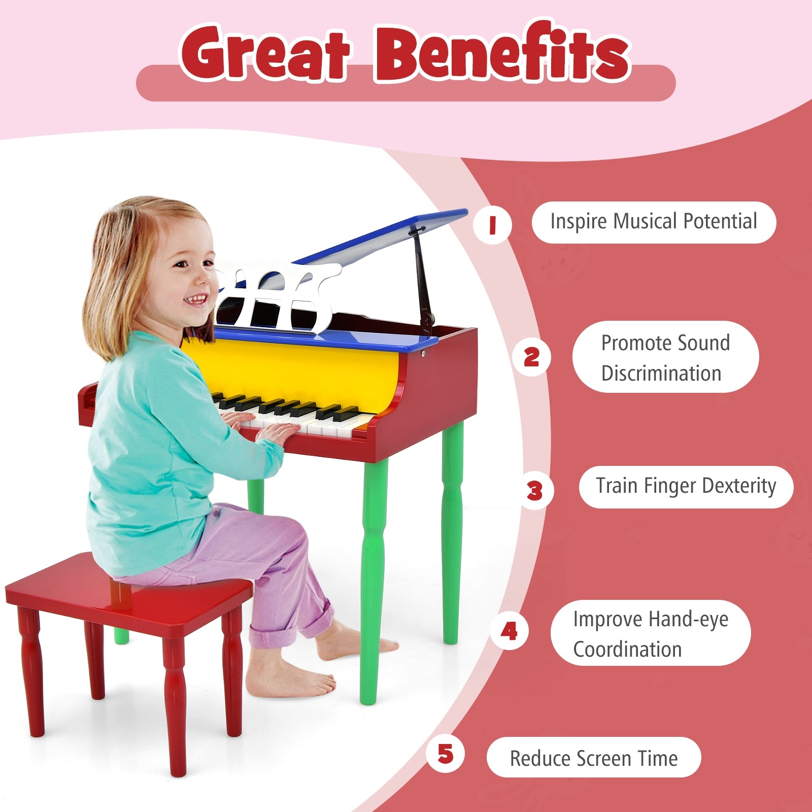 30-Key Wood Toy Kids Grand Piano with Bench and Music Rack-Multicolor