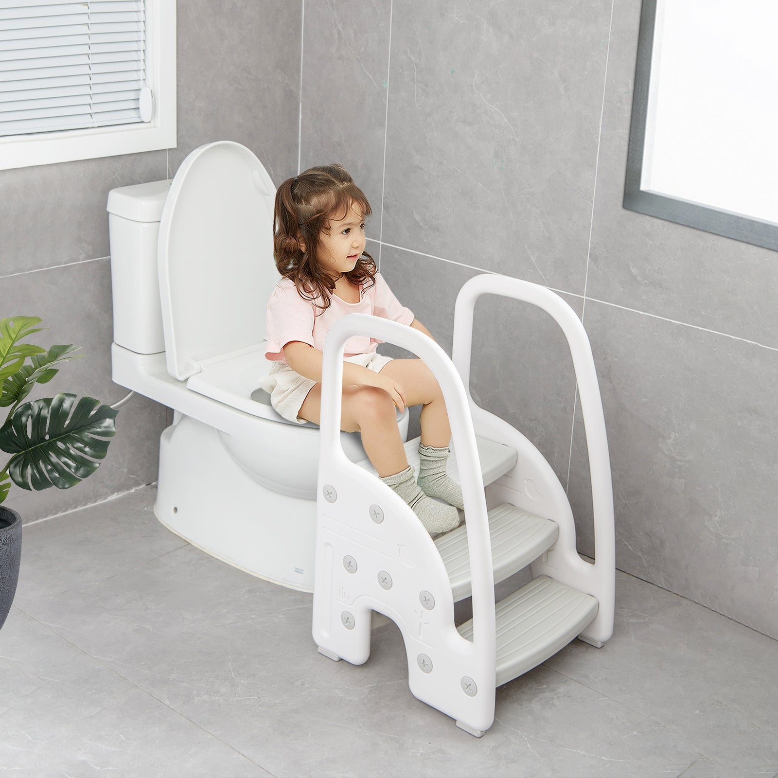 3-Step Stool with Safety Handles and Non-slip Pedals for Toddlers-Gray