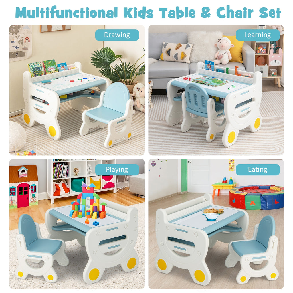 Kids Drawing Table and Chair Set with Watercolor Pens and Blackboard Eraser-Blue