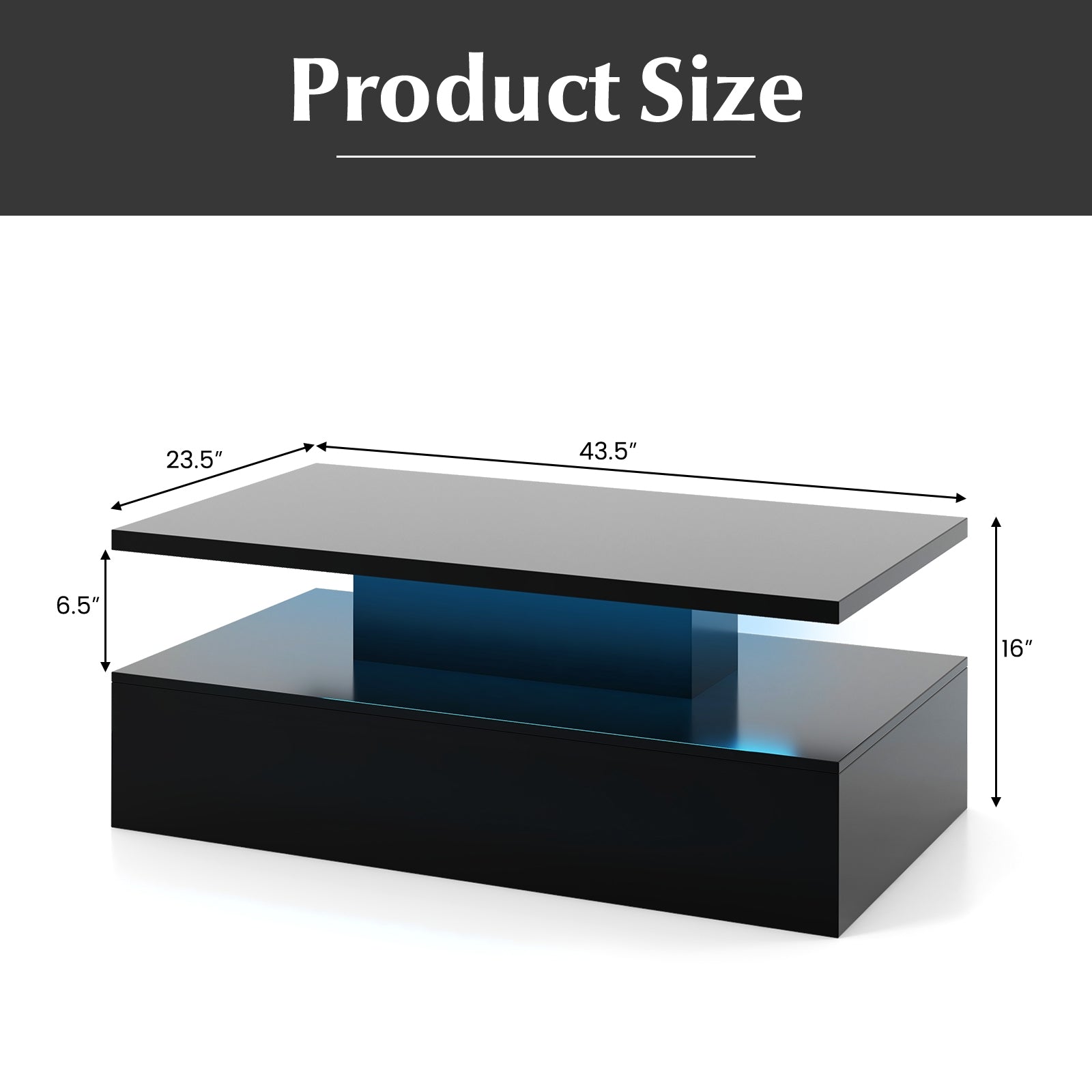Modern 2-tier High Glossy Table with Adjustable Light Colors for Living Room-Black