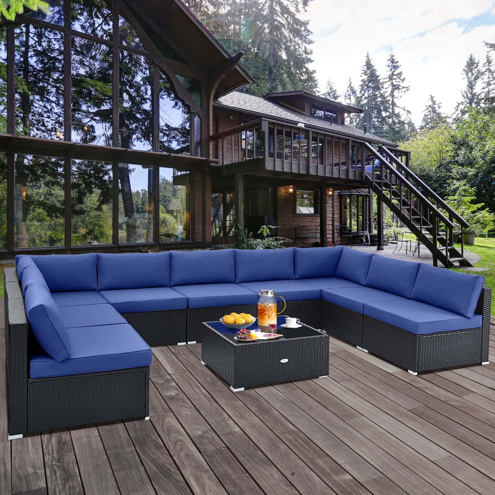 10 Piece Outdoor Wicker Conversation Set with Seat and Back Cushions-Navy - Navy - Patio Furniture Sets