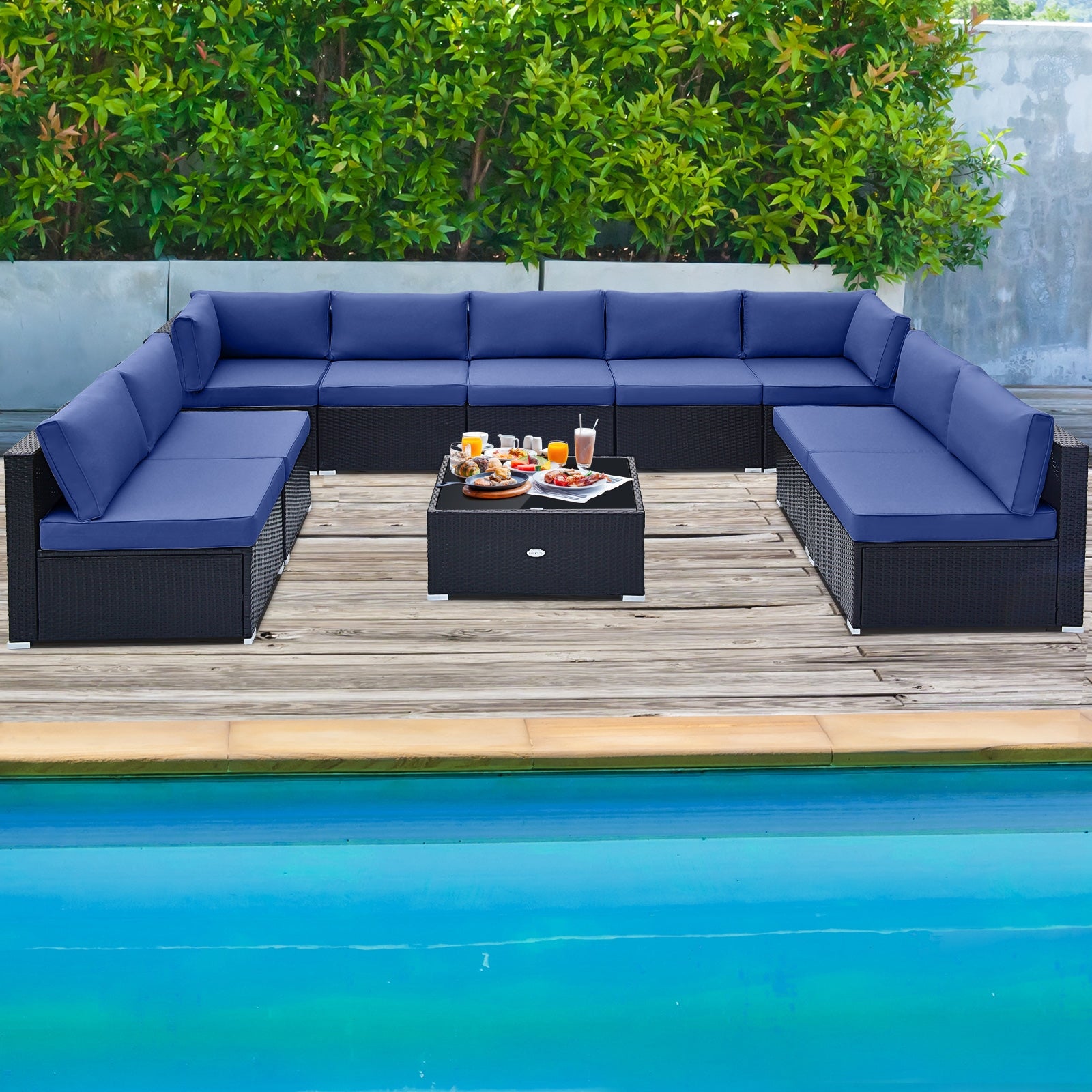 10 Piece Outdoor Wicker Conversation Set with Seat and Back Cushions-Navy - Navy - Patio Furniture Sets