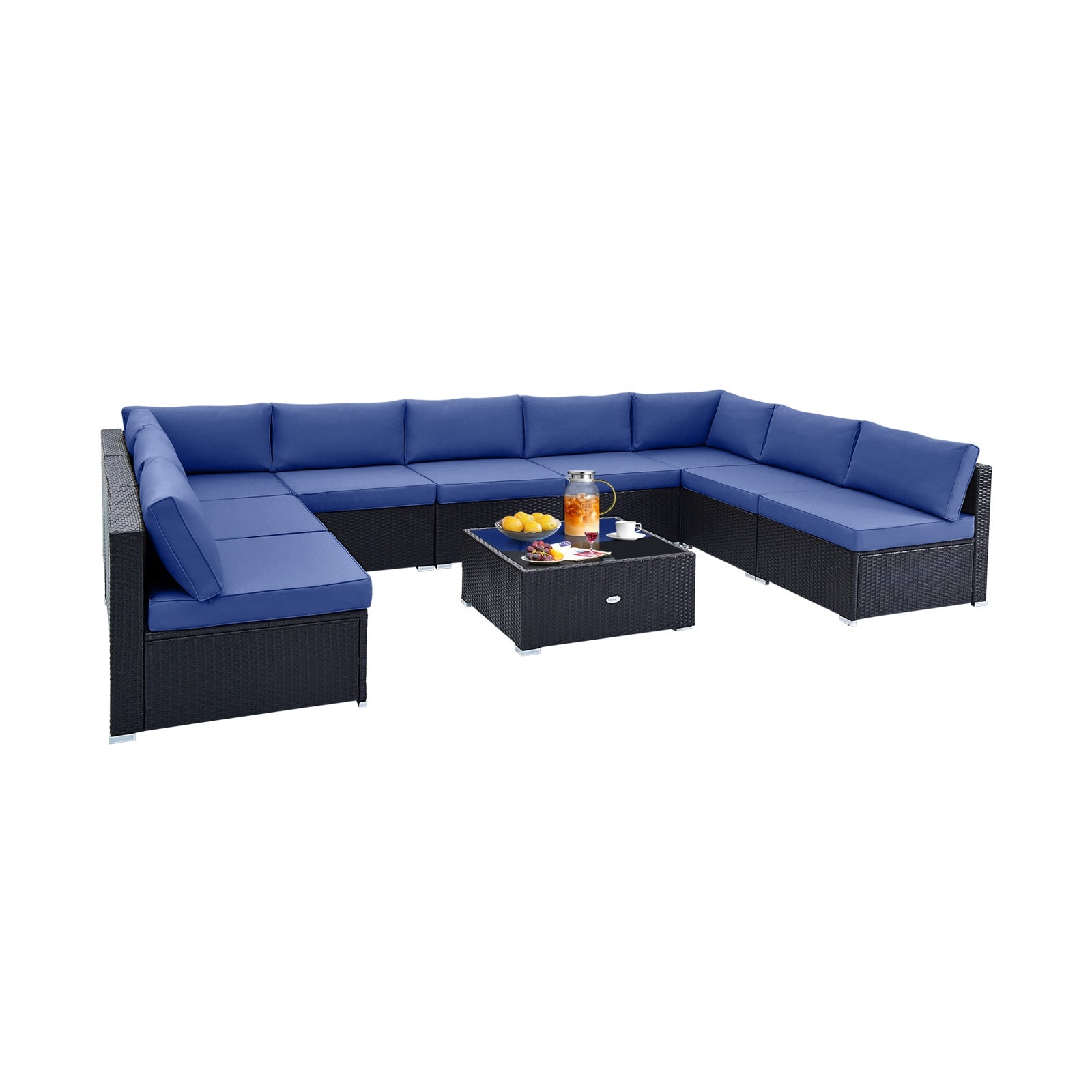 10 Piece Outdoor Wicker Conversation Set with Seat and Back Cushions-Navy - Navy - Patio Furniture Sets