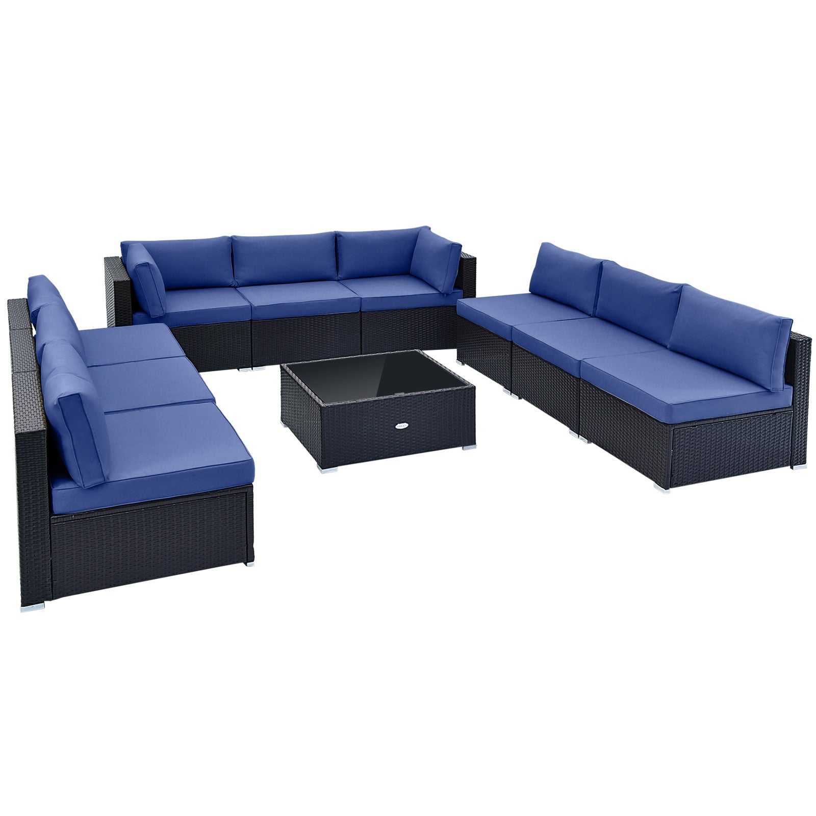 10 Piece Outdoor Wicker Conversation Set with Seat and Back Cushions-Navy - Navy - Patio Furniture Sets