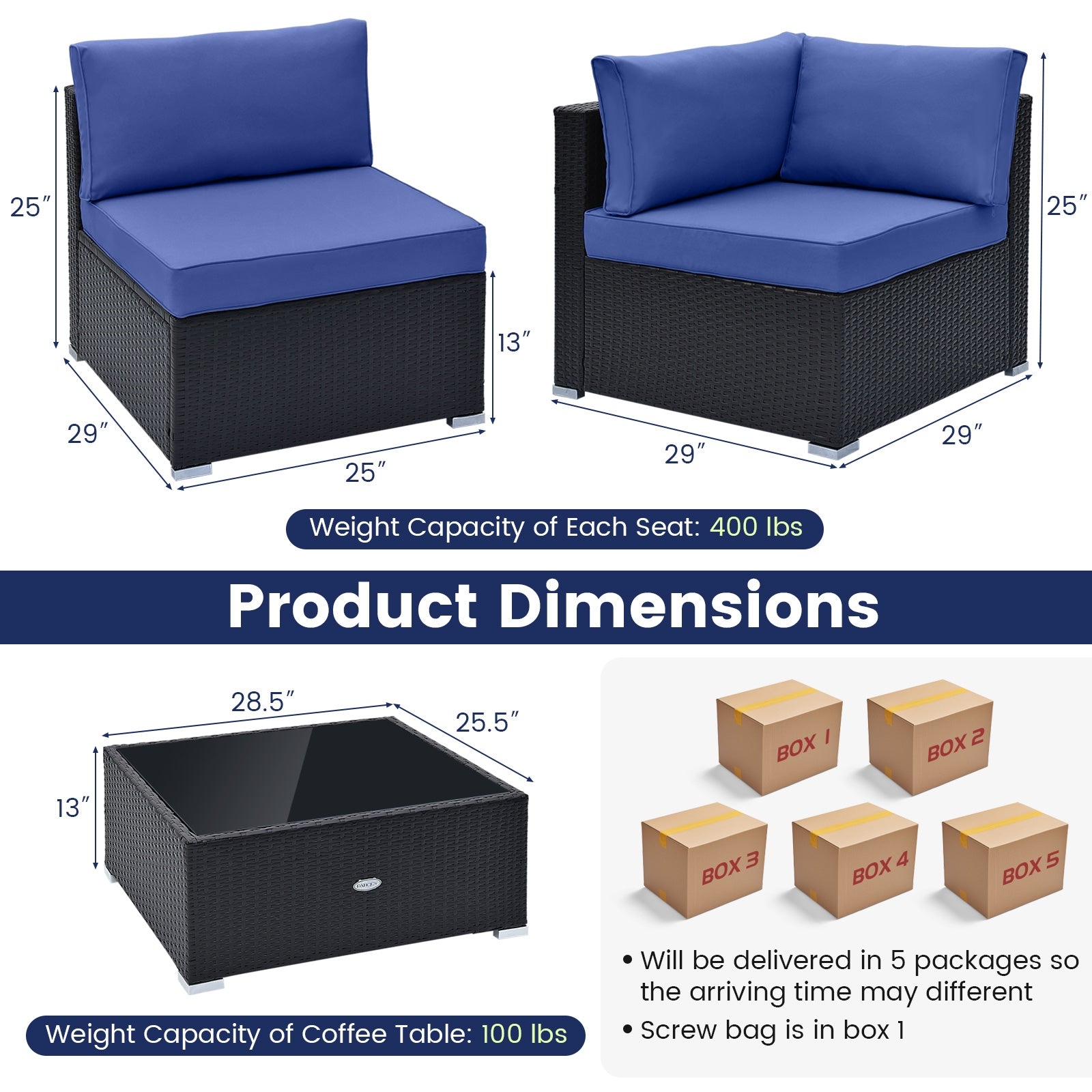 10 Piece Outdoor Wicker Conversation Set with Seat and Back Cushions-Navy - Navy - Patio Furniture Sets