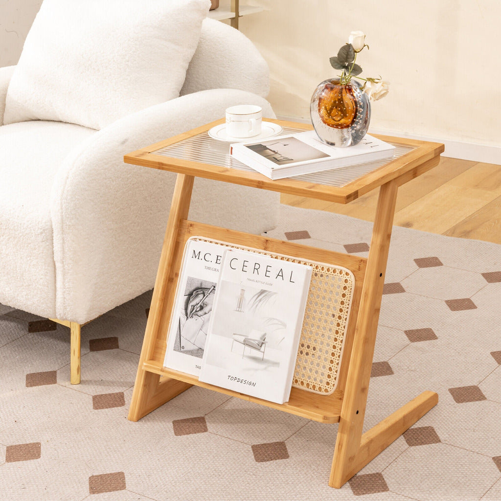 Z-shaped End Table with Magazine Rack and Rattan Shelf-Natural