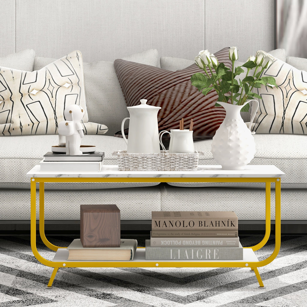 2-Tier Faux Marble Top Rectangular Coffee Table with Metal Frame-White