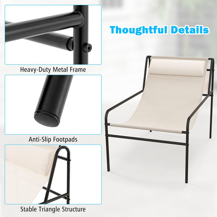 Patio Sling Lounge Chair with Removable Headrest Pillow and Metal Frame-Beige