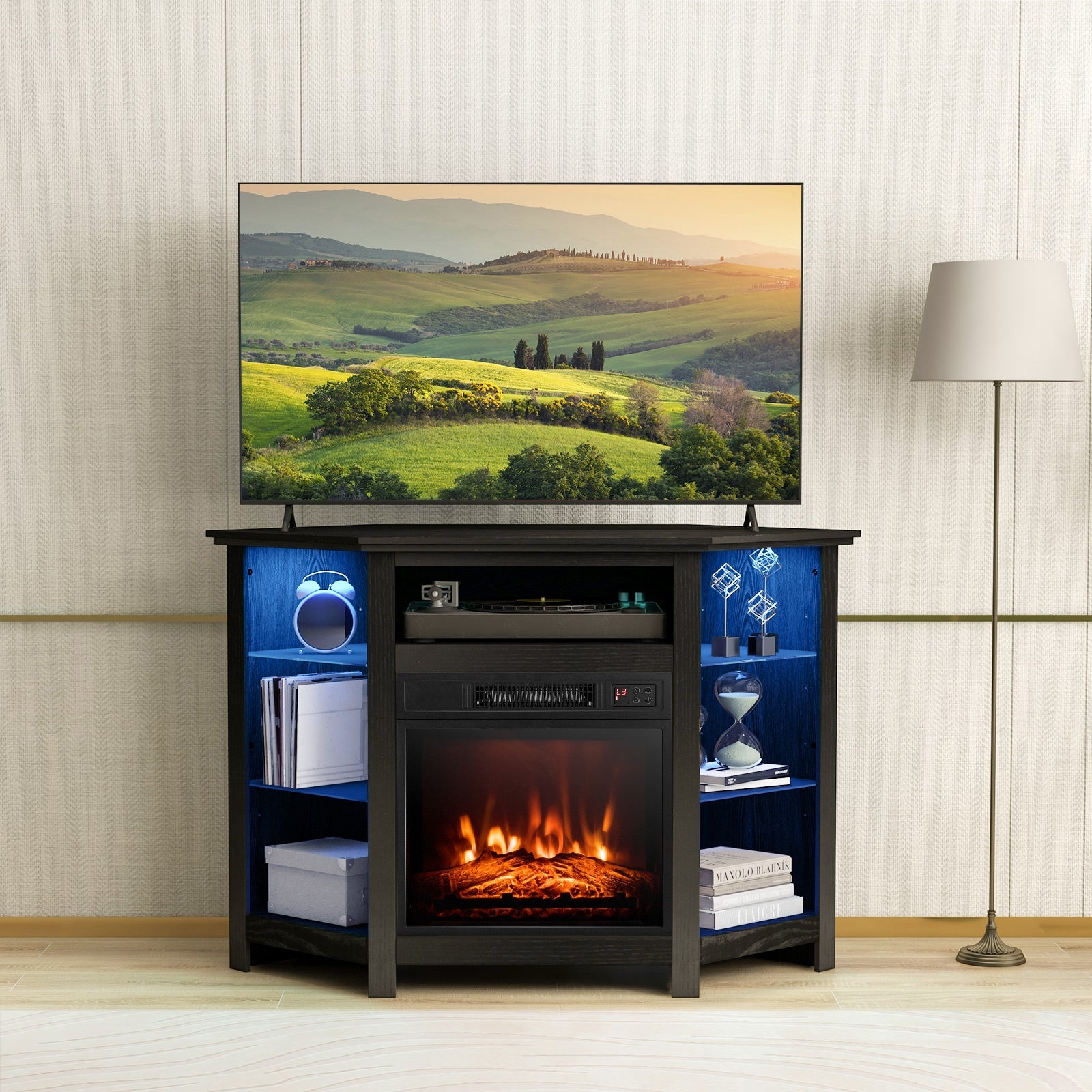 Fireplace Corner TV Stand with LED Lights and Smart APP Control for 50 Inches TV-Black