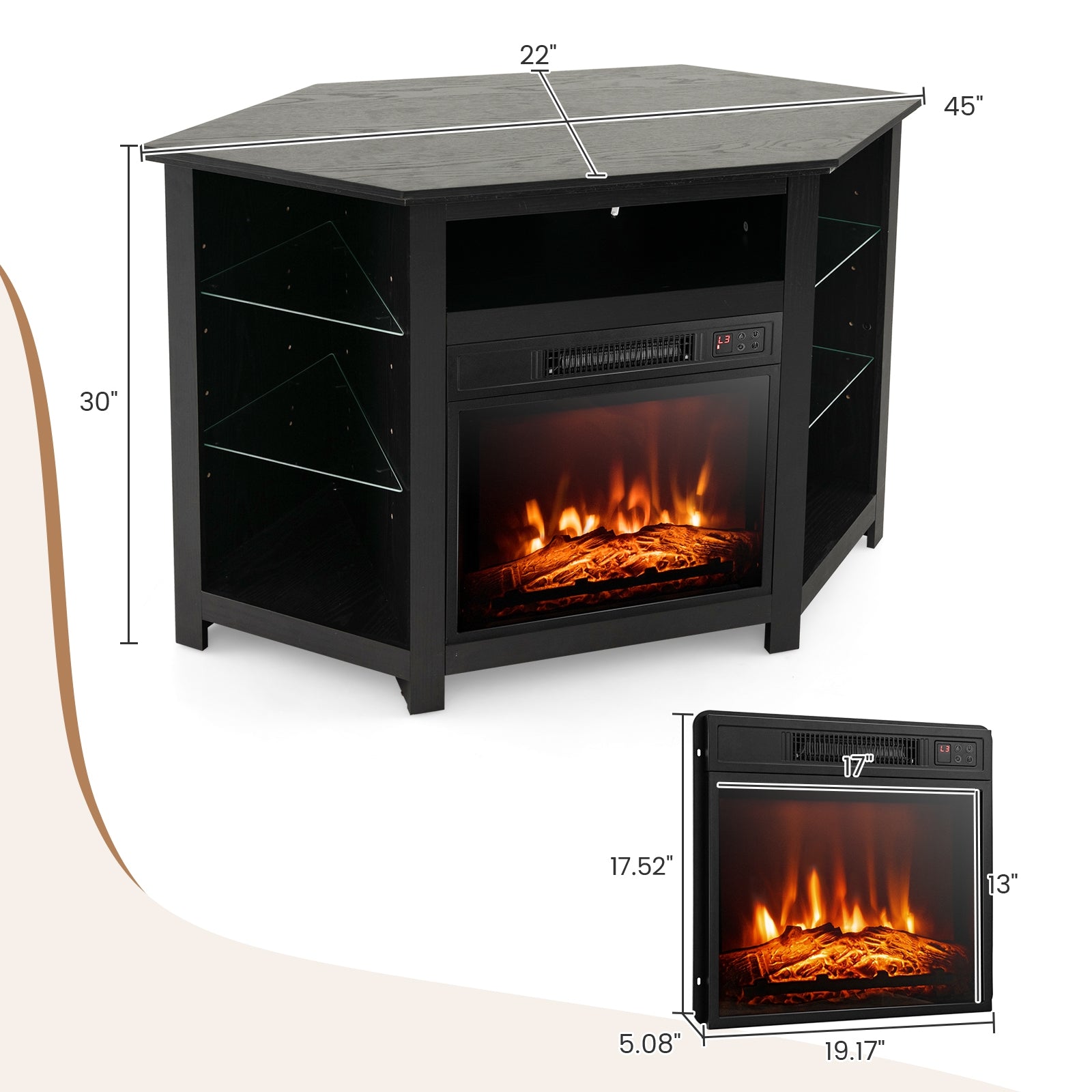 Fireplace Corner TV Stand with LED Lights and Smart APP Control for 50 Inches TV-Black
