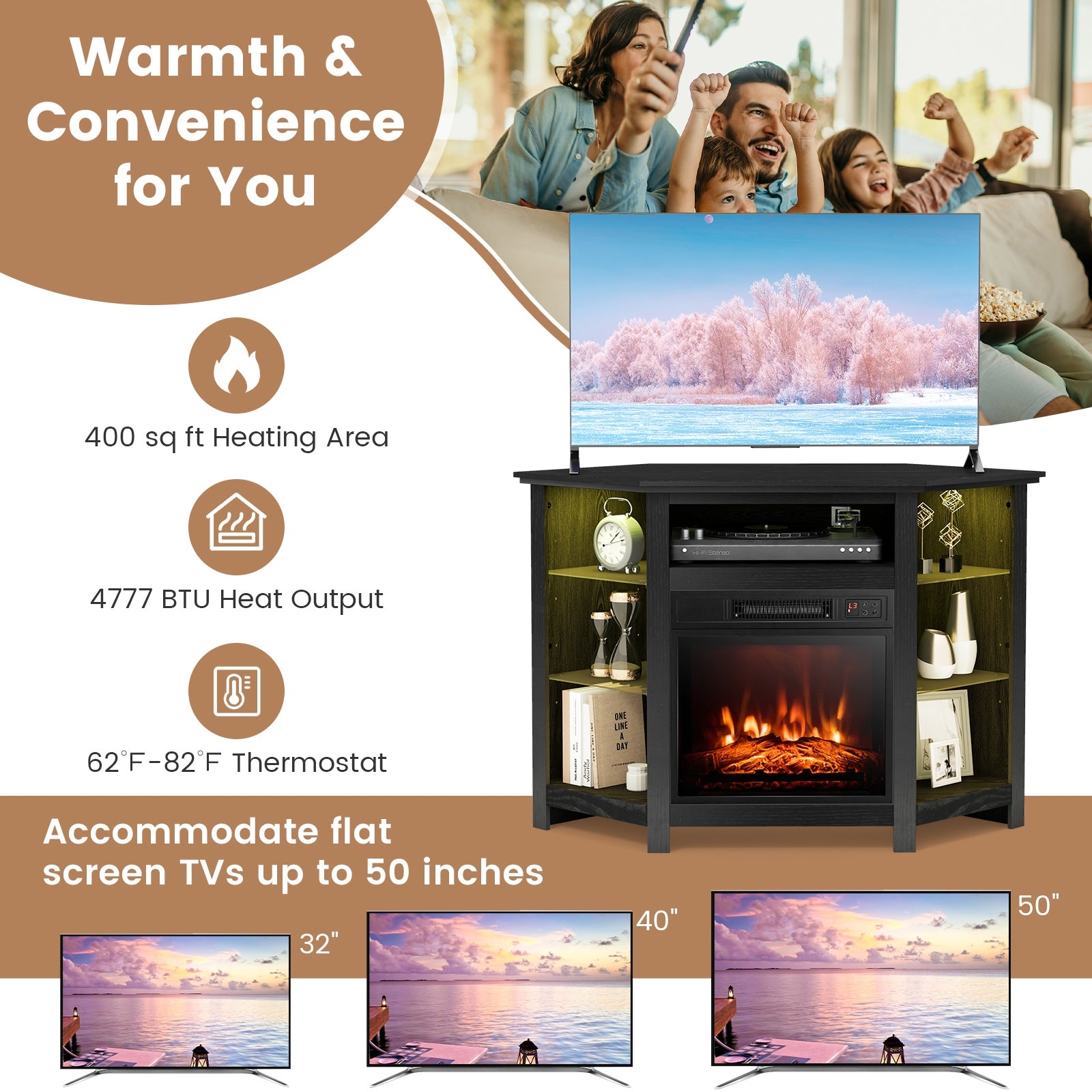 Fireplace Corner TV Stand with LED Lights and Smart APP Control for 50 Inches TV-Black