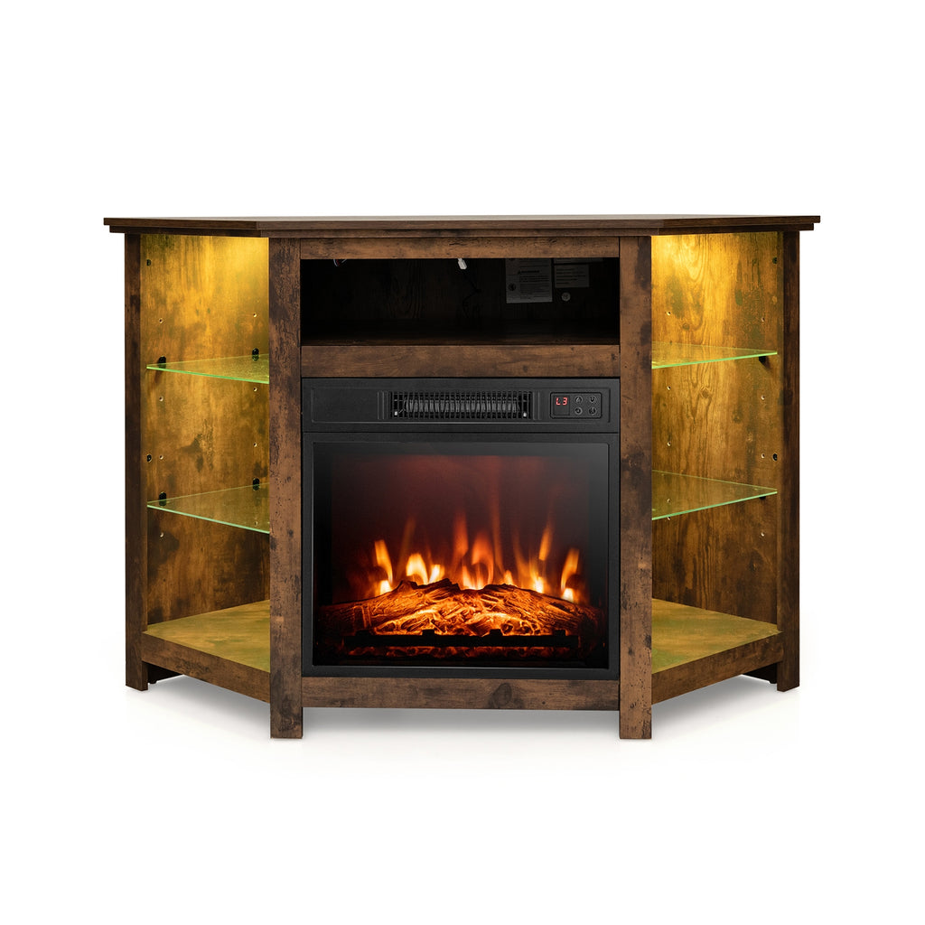 Fireplace Corner TV Stand with LED Lights and Smart APP Control for 50 Inches TV-Rustic Brown