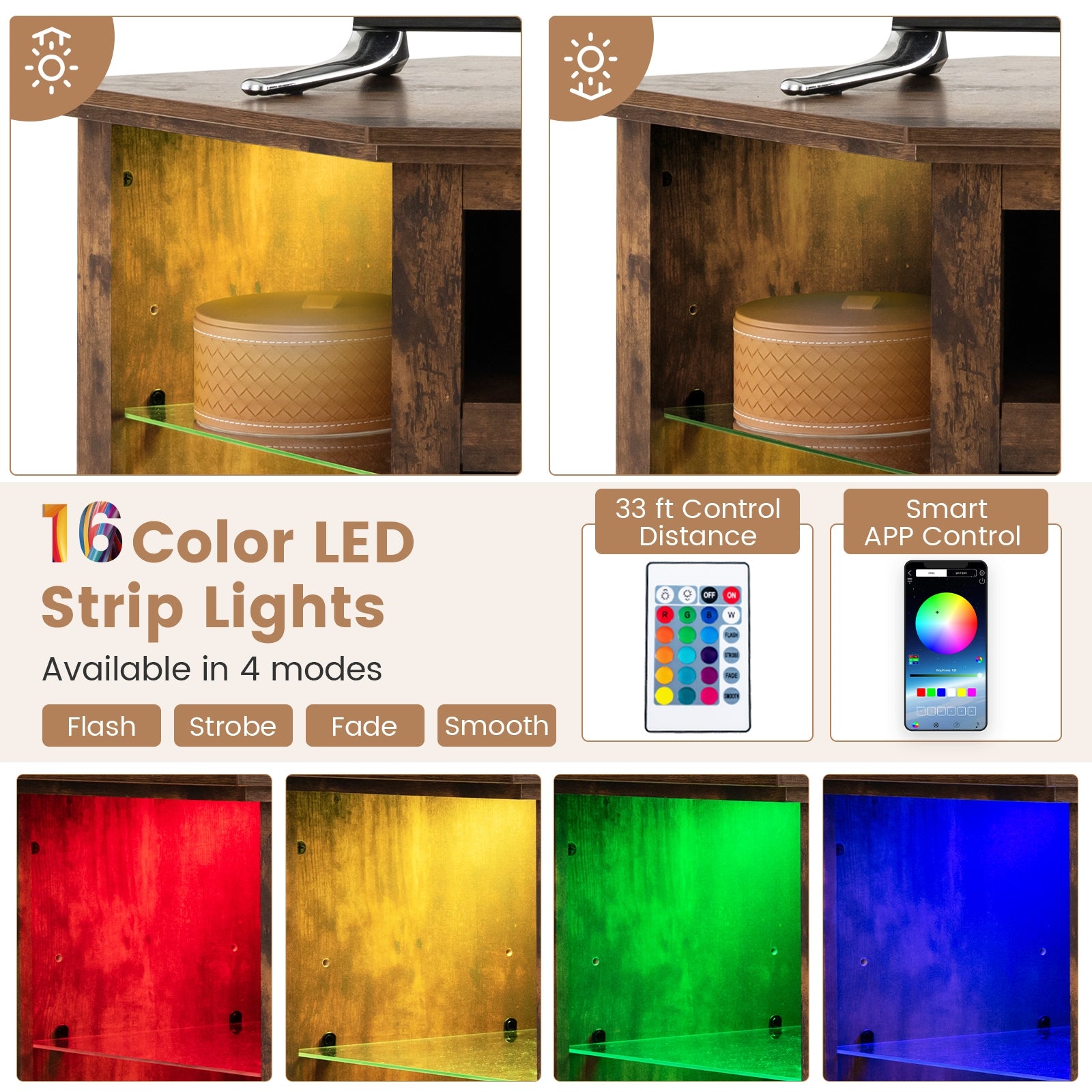 Fireplace Corner TV Stand with LED Lights and Smart APP Control for 50 Inches TV-Rustic Brown