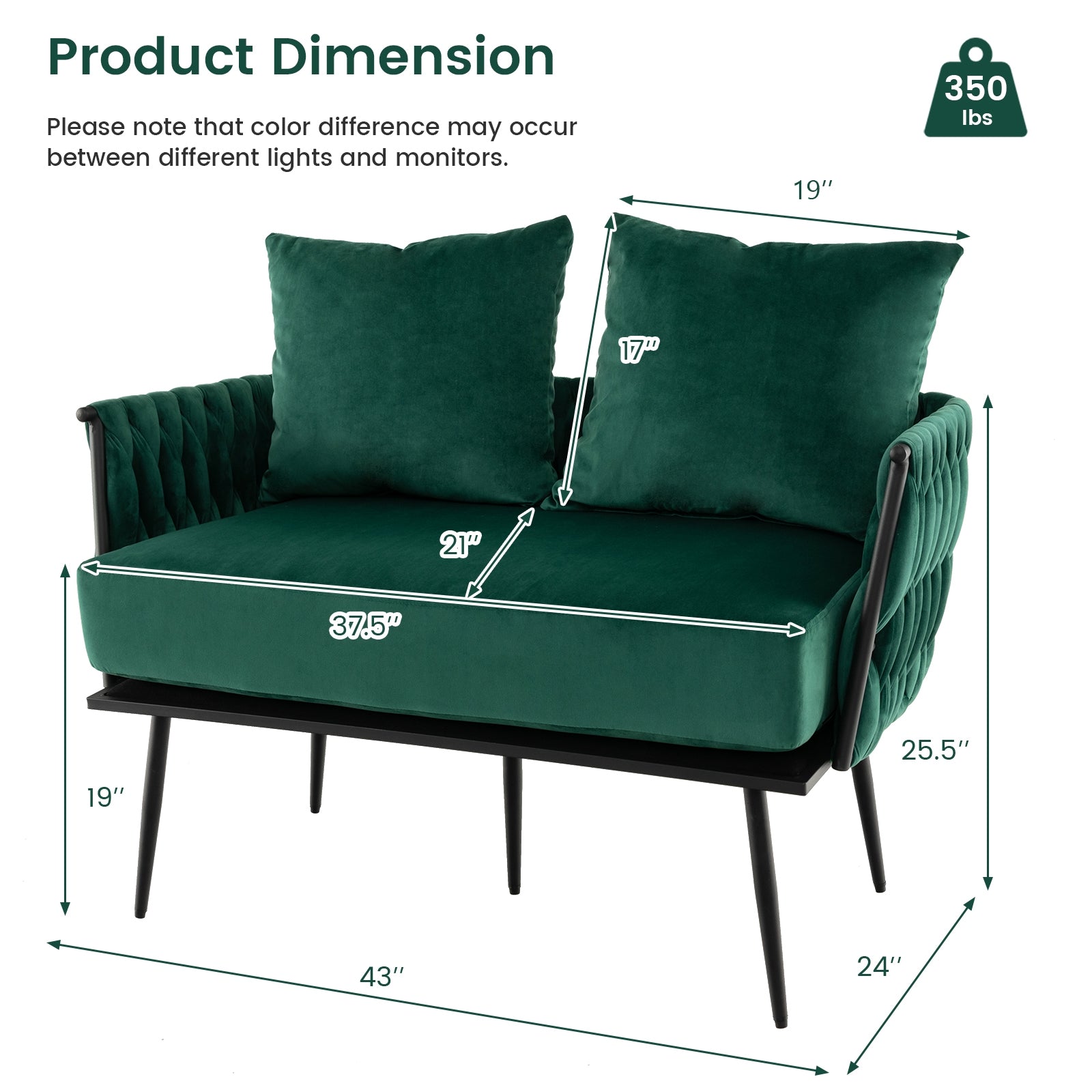 Modern Loveseat Sofa Upholstered Dutch Velvet Sofa Couch-Green