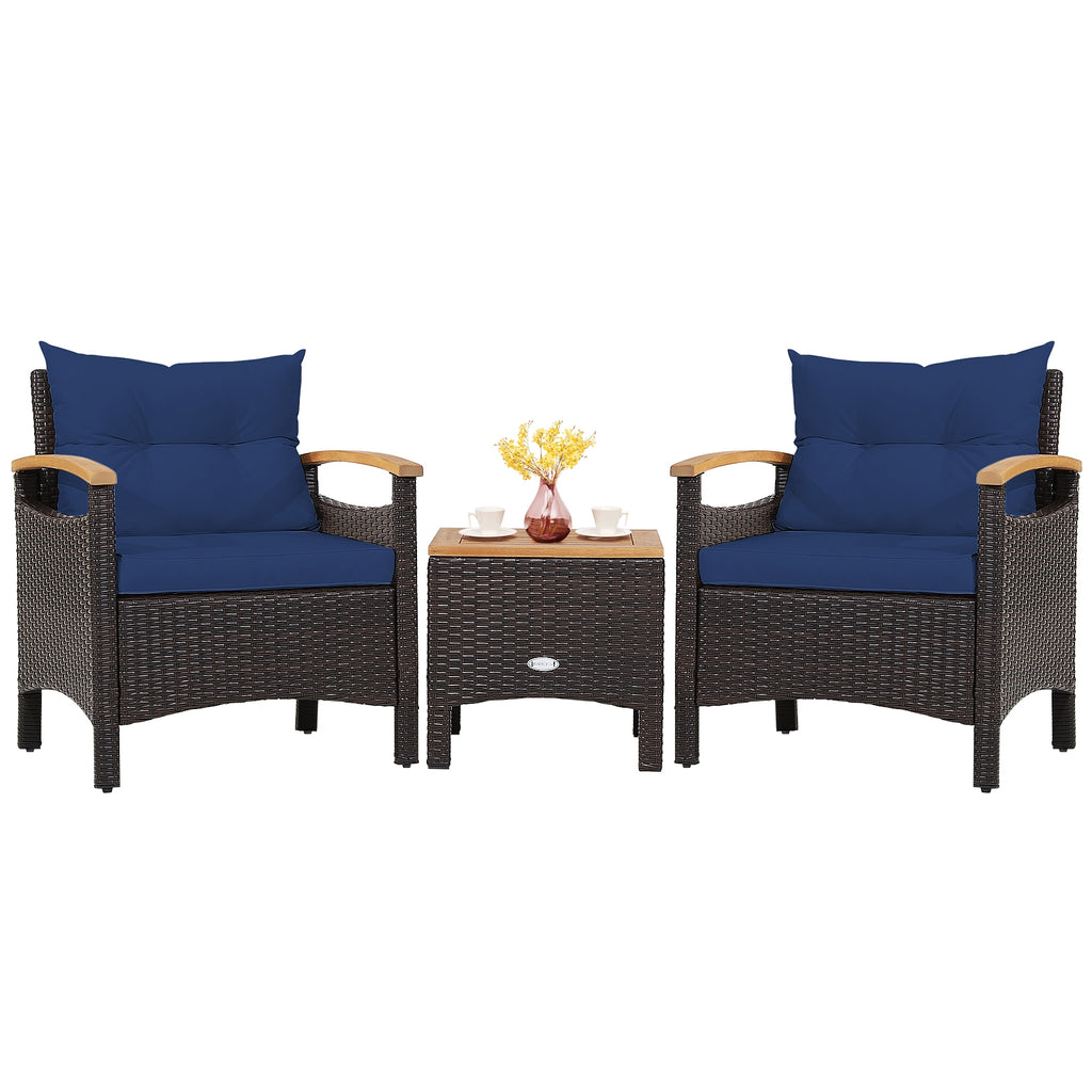 3 Pieces Patio Rattan Furniture Set with Removable Cushion-Navy