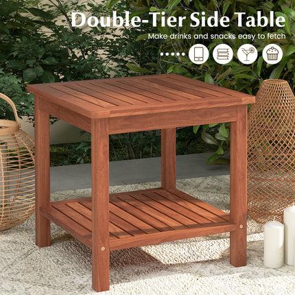 Double-Tier Acacia Wood Patio Side Table with Slatted Tabletop and Shelf