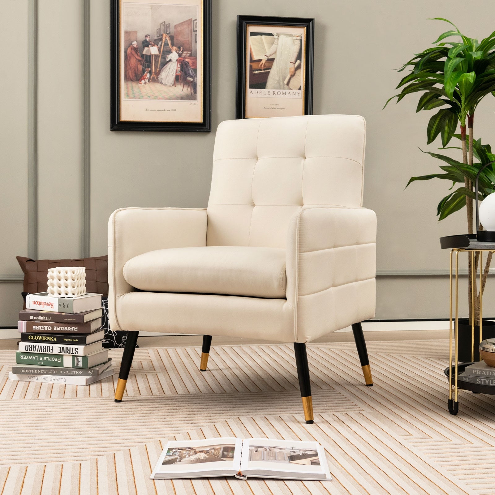 Linen Fabric Accent Chair with Removable Seat Cushion-White