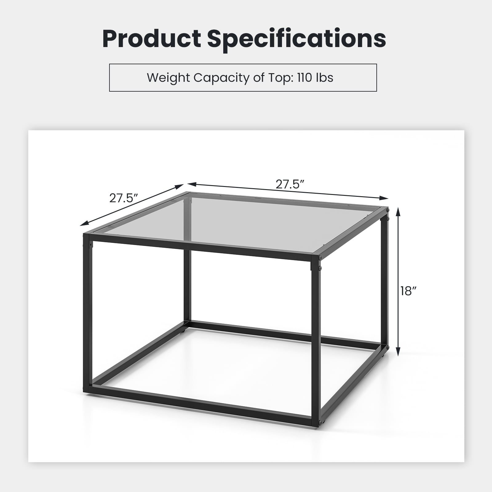 27.5 Inch Home Square Tea Table with Heavy-duty Metal Frame-Gray