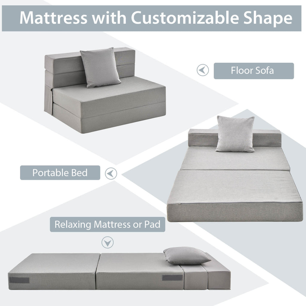 6 Inch Tri-fold Sofa Bed Folding Mattress with Pillow-Light Gray