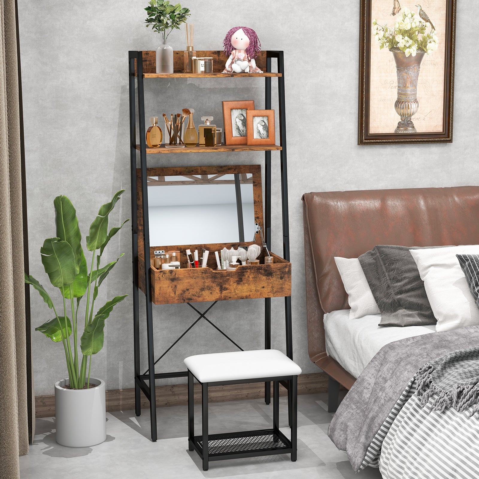 Ladder Vanity Desk Set with Flip Top Mirror and Cushioned Stool-Black