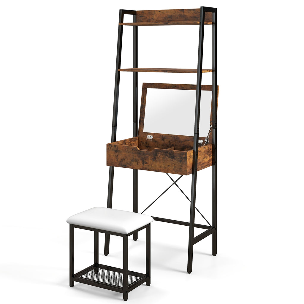 Ladder Vanity Desk Set with Flip Top Mirror and Cushioned Stool-Black