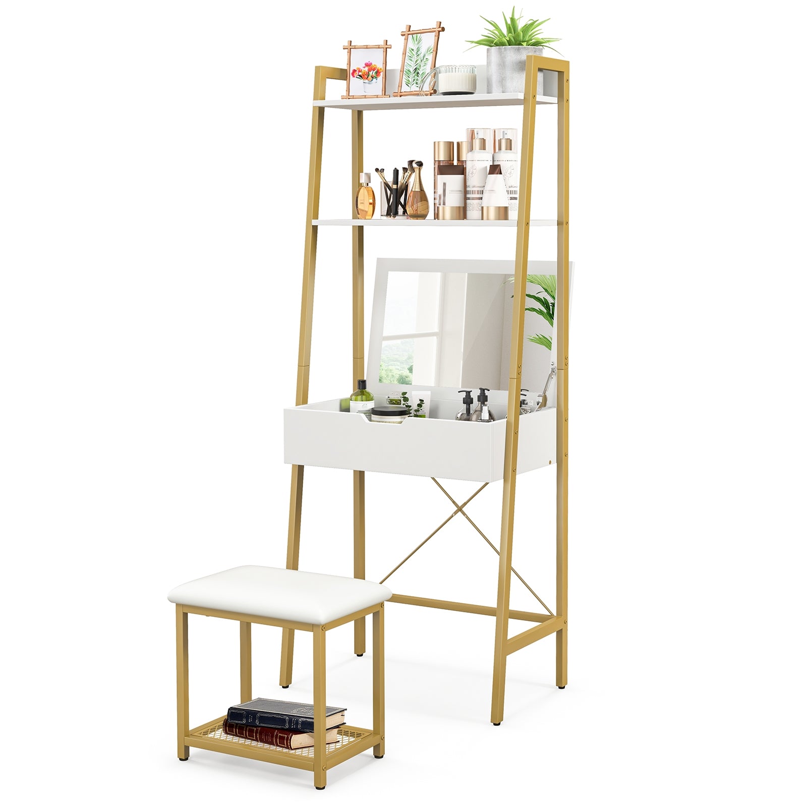 Ladder Vanity Desk Set with Flip Top Mirror and Cushioned Stool-Golden