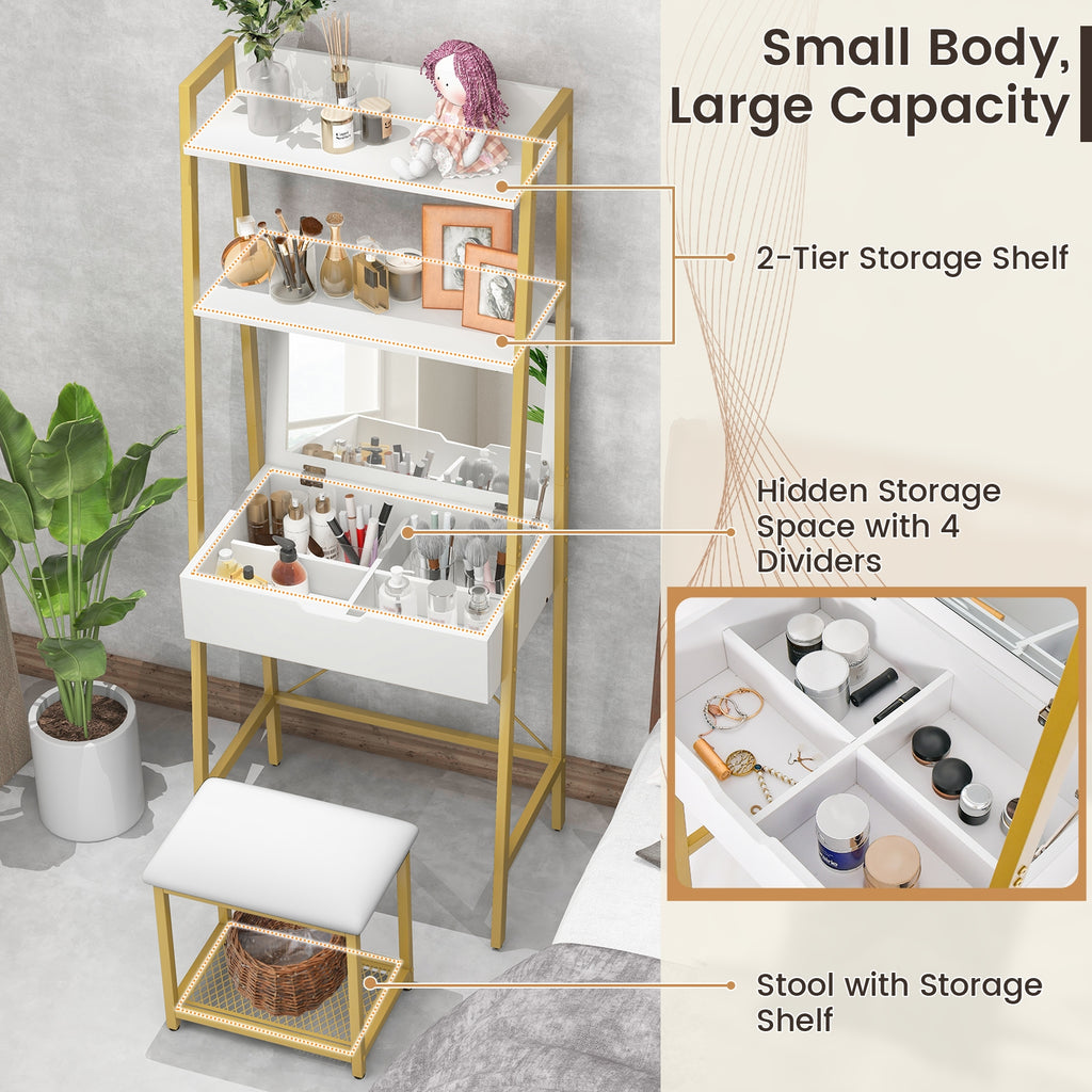 Ladder Vanity Desk Set with Flip Top Mirror and Cushioned Stool-Golden