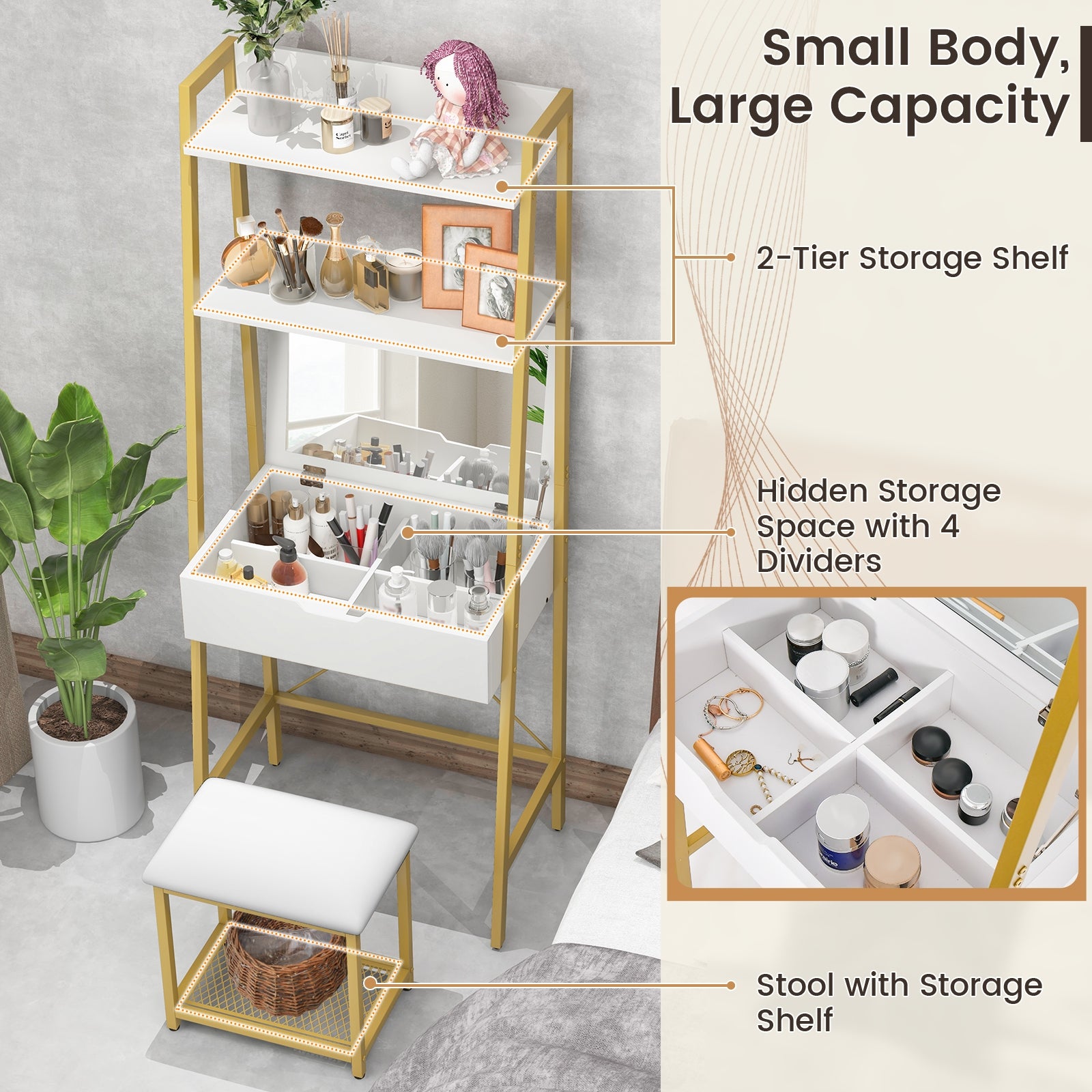Ladder Vanity Desk Set with Flip Top Mirror and Cushioned Stool-Golden