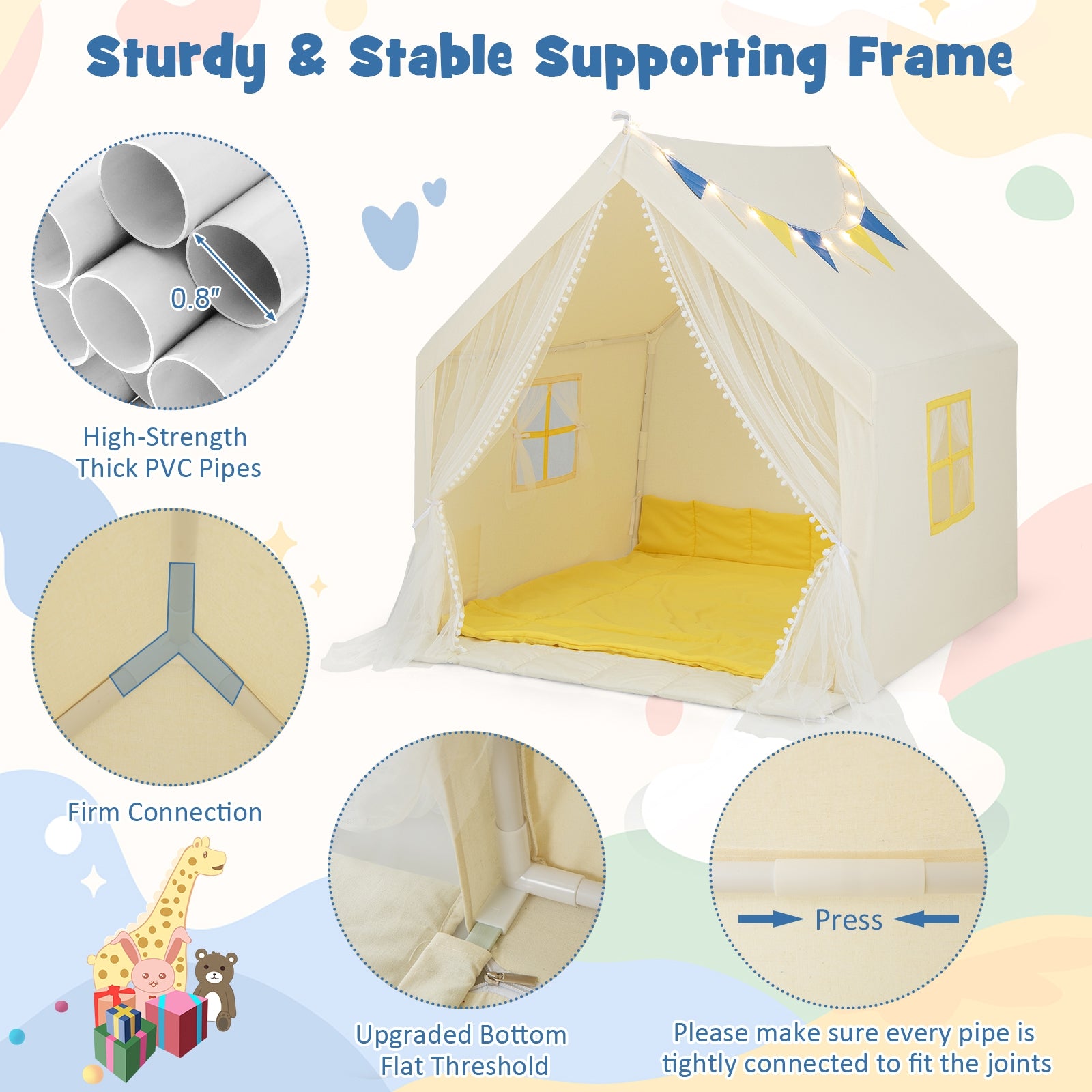48 x 42 x 50 Inch Large Play Tent with Washable Cotton Mat Holiday Birthday Gift for Kids-Beige