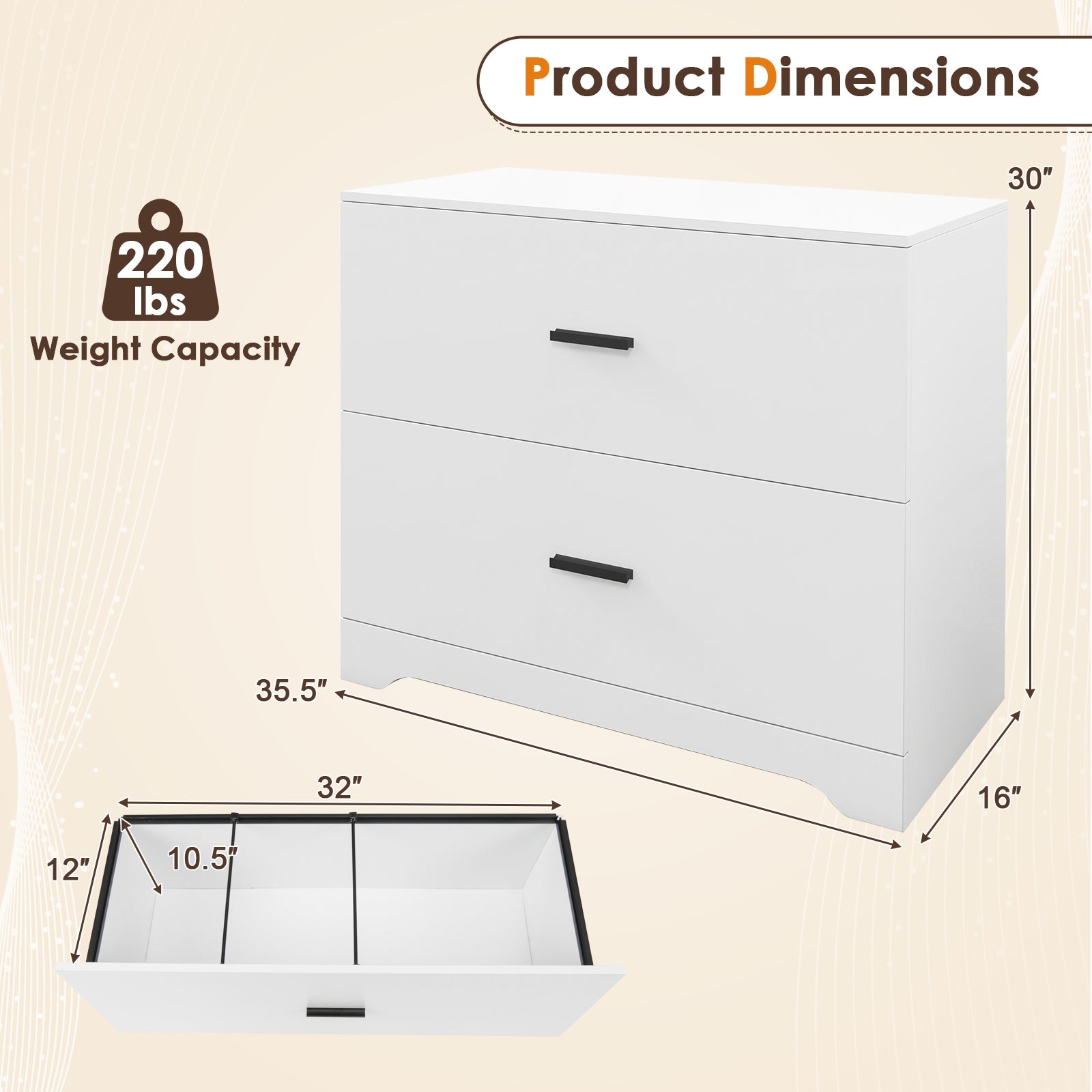 2-Drawer Lateral File Cabinet with Adjustable Bars for Home and Office-White