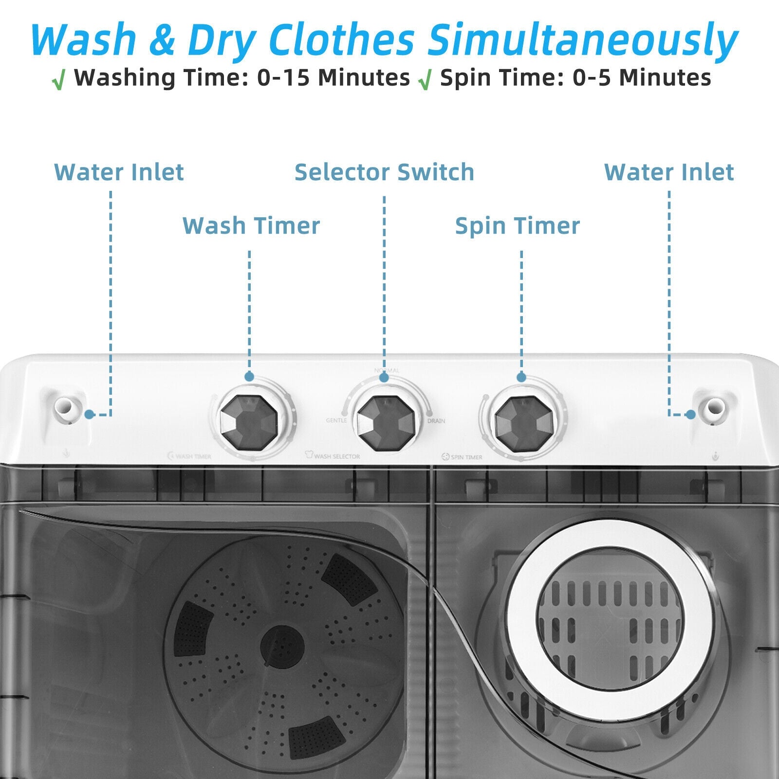 26 LBS Twin Tub Portable Washing Machine with Built-In Drain Pump-Gray