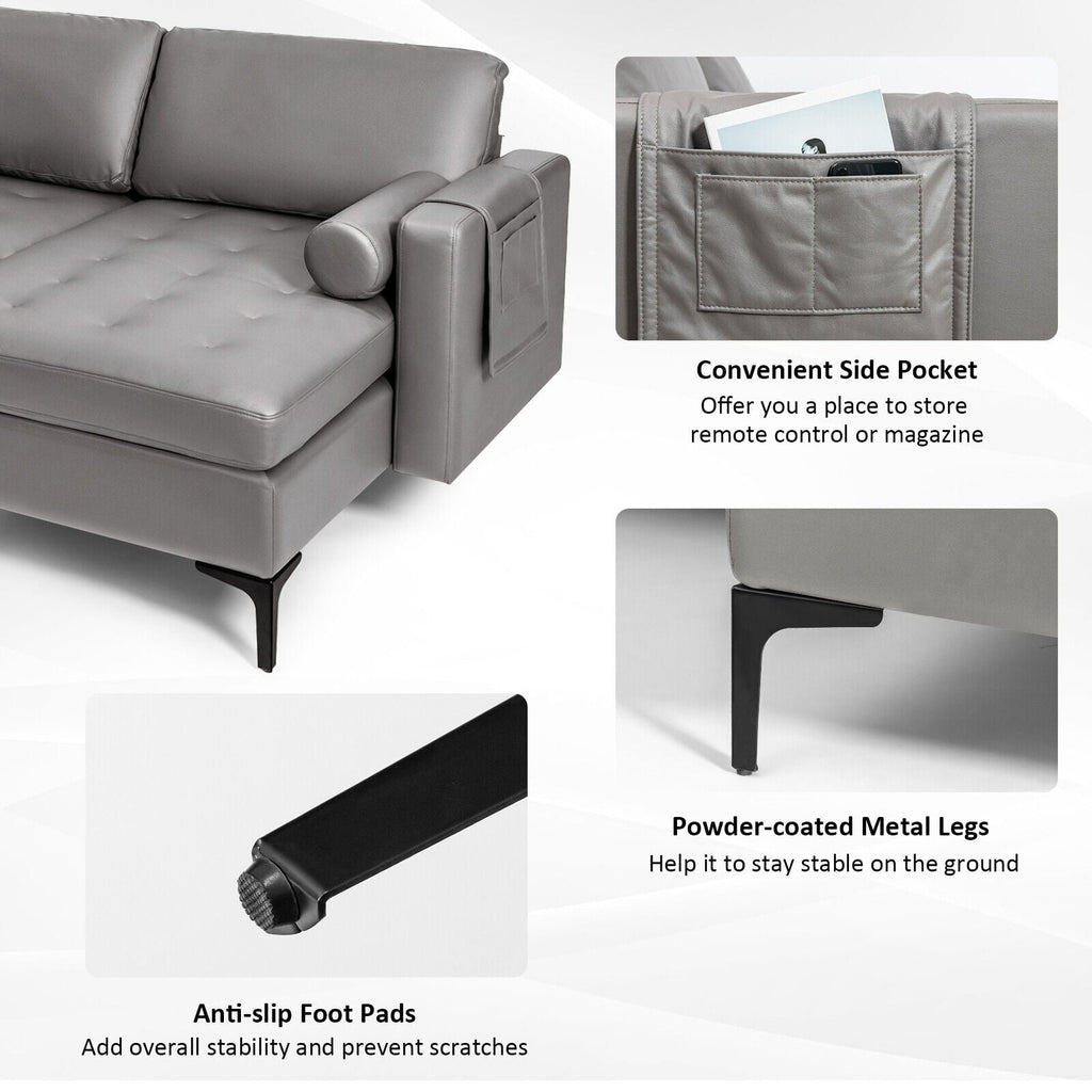Modular L-shaped 3-Seat Sectional Sofa with Reversible Chaise and 2 USB Ports-Light Gray