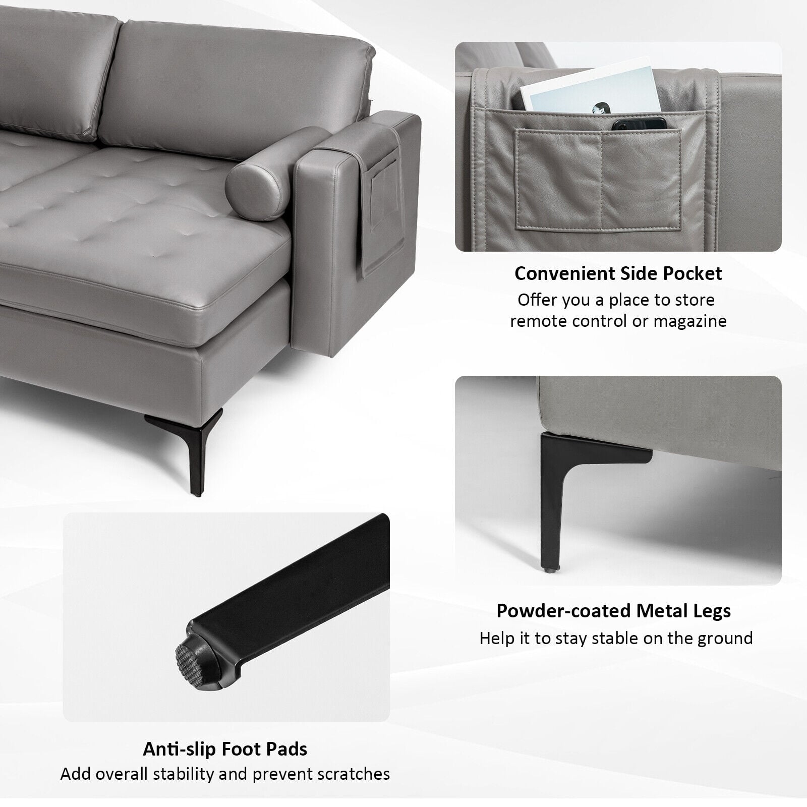 Modular L-shaped 3-Seat Sectional Sofa with Reversible Chaise and 2 USB Ports-Light Gray