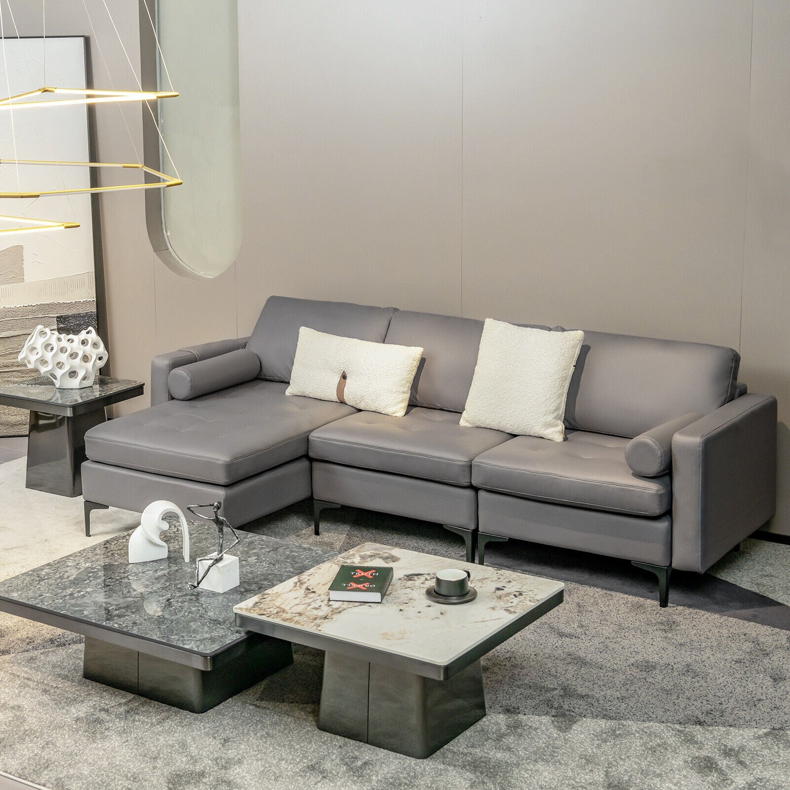 Modular L-shaped 3-Seat Sectional Sofa with Reversible Chaise and 2 USB Ports-Light Gray