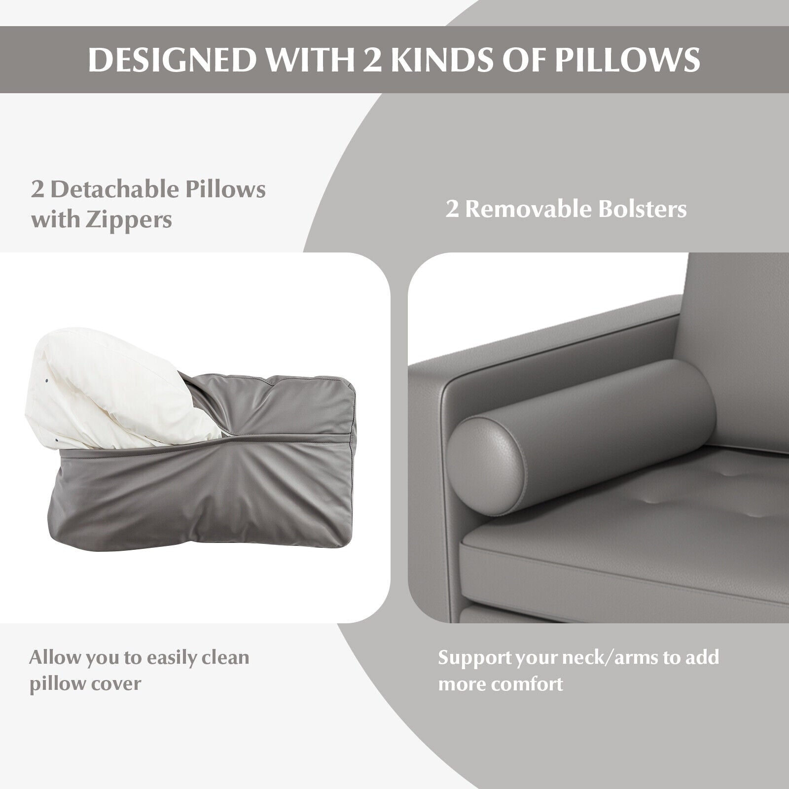 Modern Loveseat Sofa with 2 Bolsters and Side Storage Pocket-Light Gray