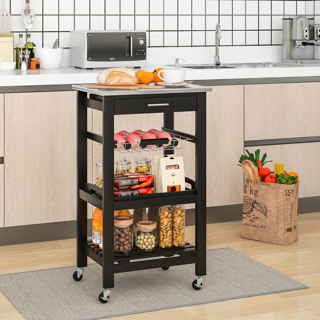 Kitchen Island Cart with Stainless Steel Tabletop and Basket-Black