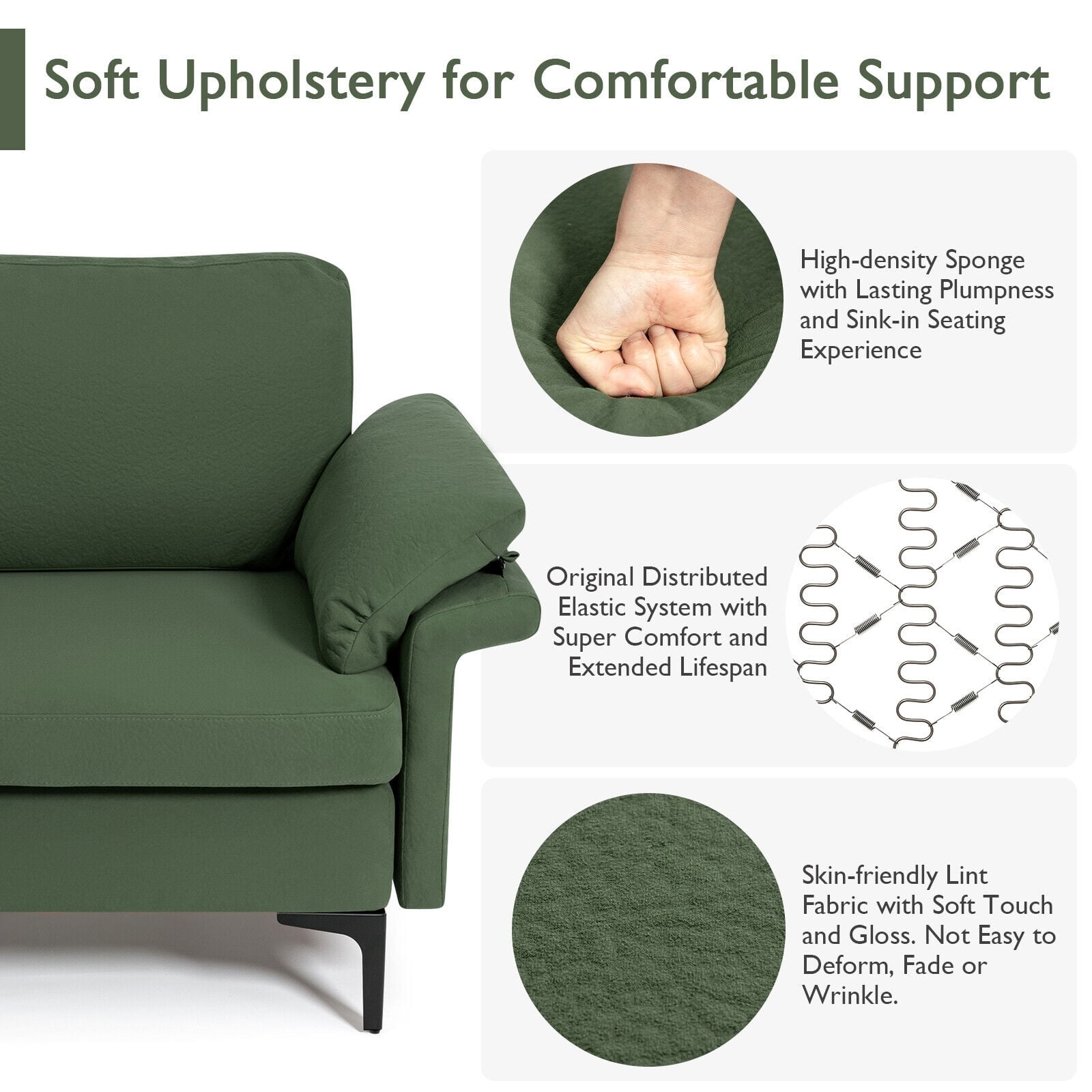 Modern Fabric Accent Armchair with Original Distributed Spring and Armrest Cushions-Army Green
