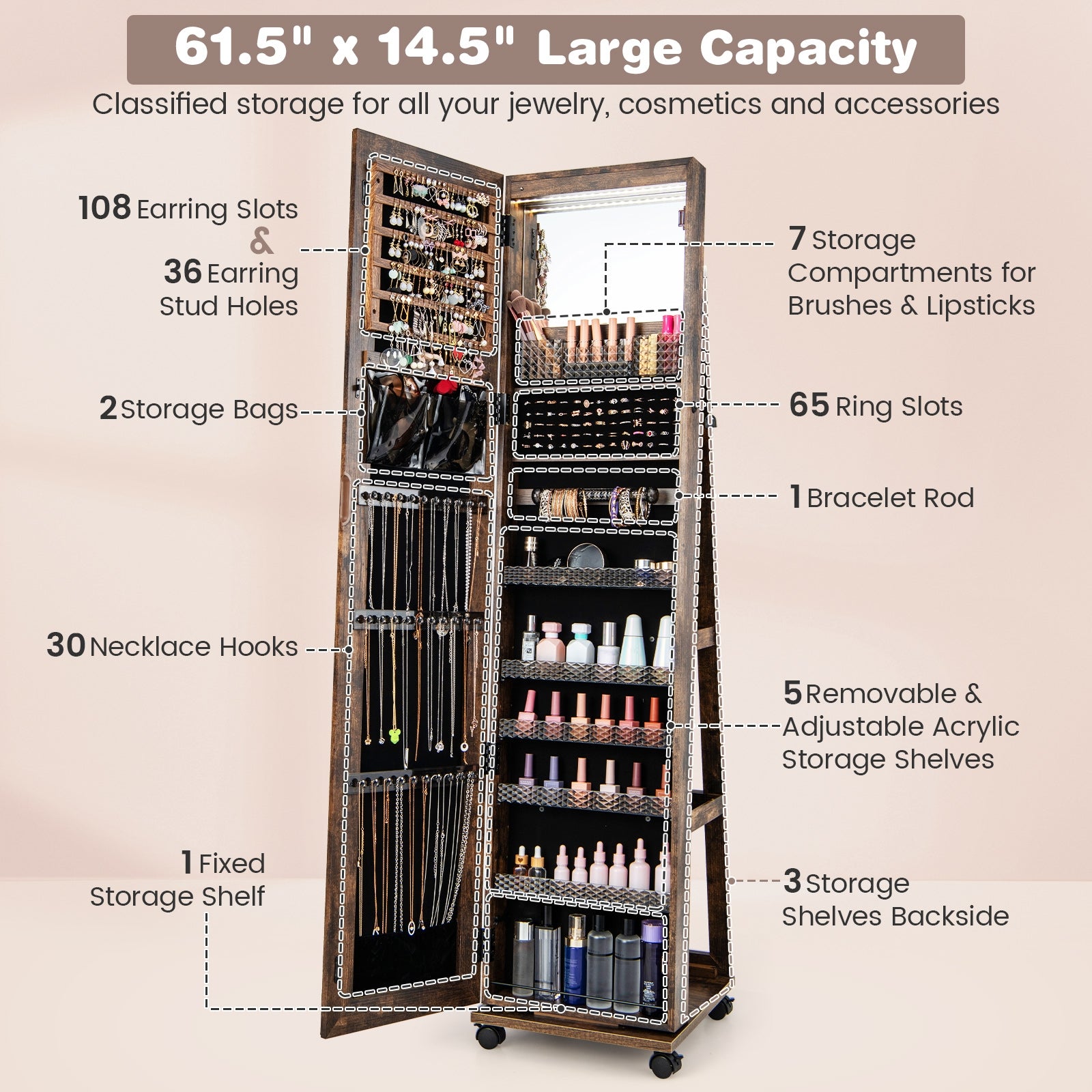 64 Inches Lockable Jewelry Cabinet Armoire with Built-in Makeup Mirror-Coffee
