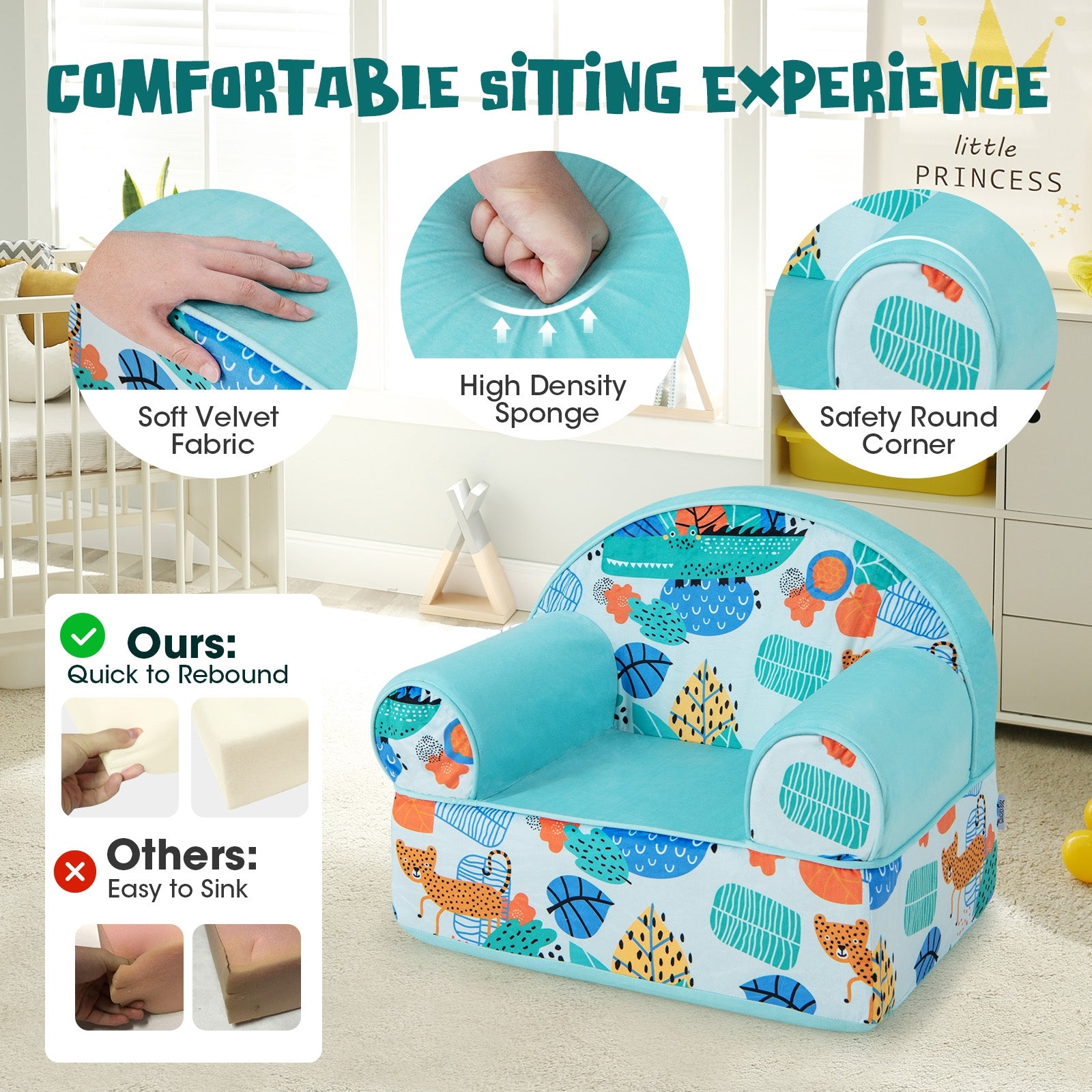 Kids Armchair with Plush Velvet Cover and Soft Sponge Filling-Blue
