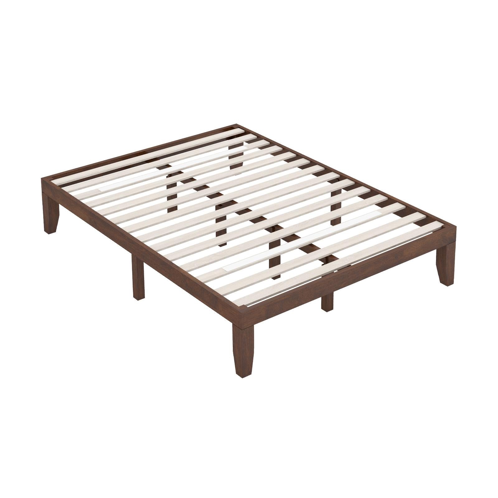 14 Inch Queen Size Rubber Wood Platform Bed Frame with Wood Slat Support-Walnut