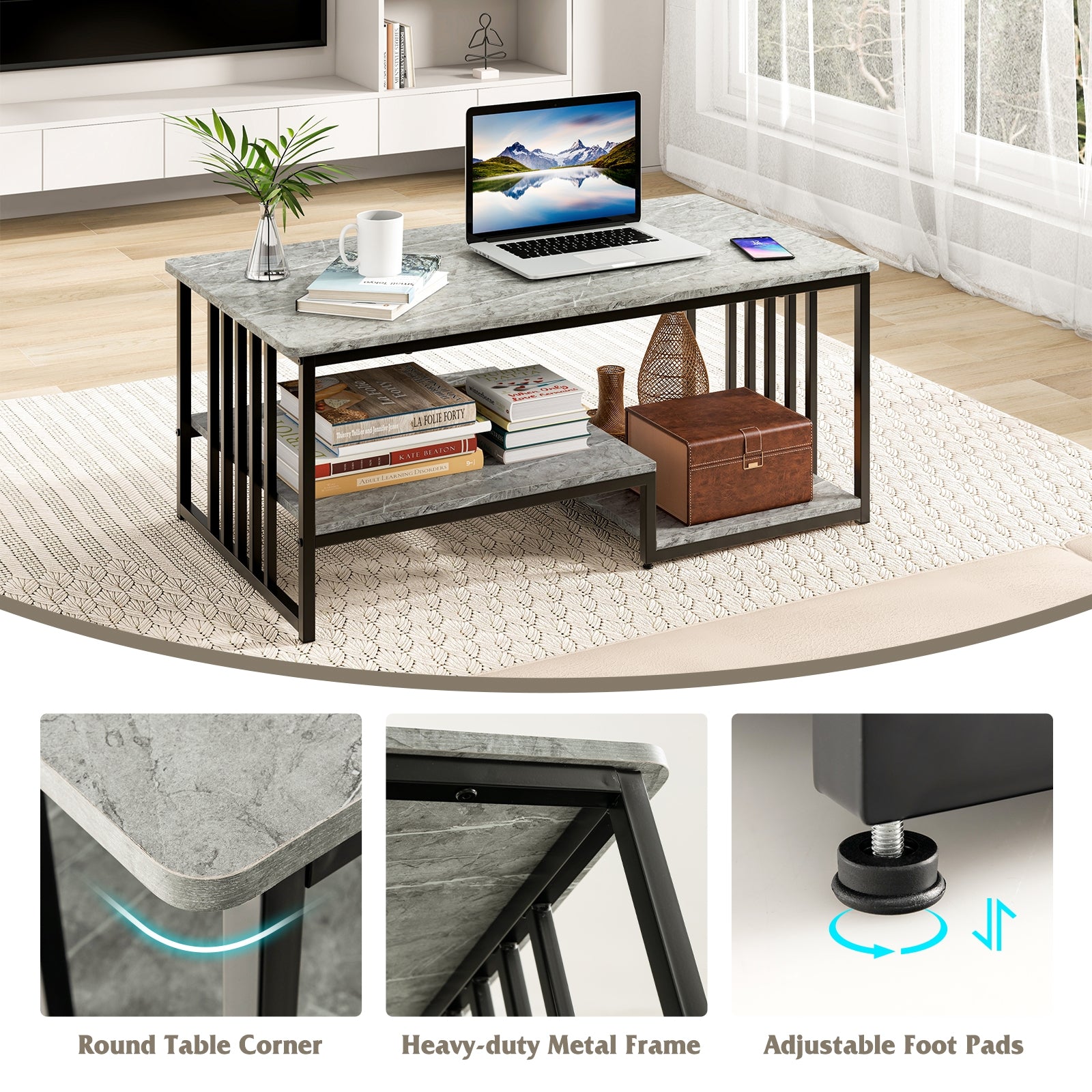 Faux Marble Coffee Table with Open Storage Shelf-Gray