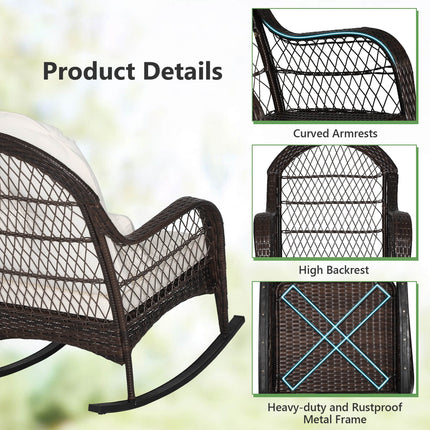 Patio Rattan Rocking Chair with Seat Back Cushions and Waist Pillow-White