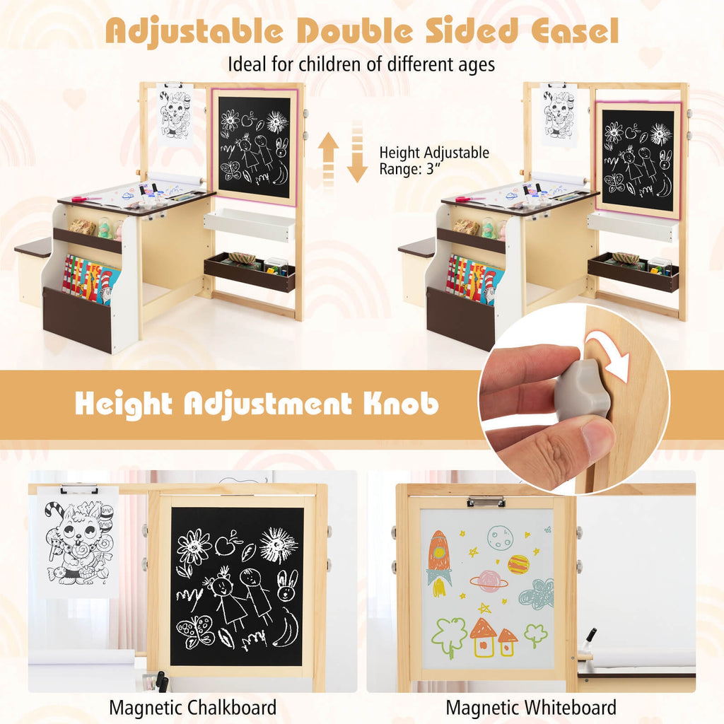 Kids Art Center Wooden Table Bench Set-Brown
