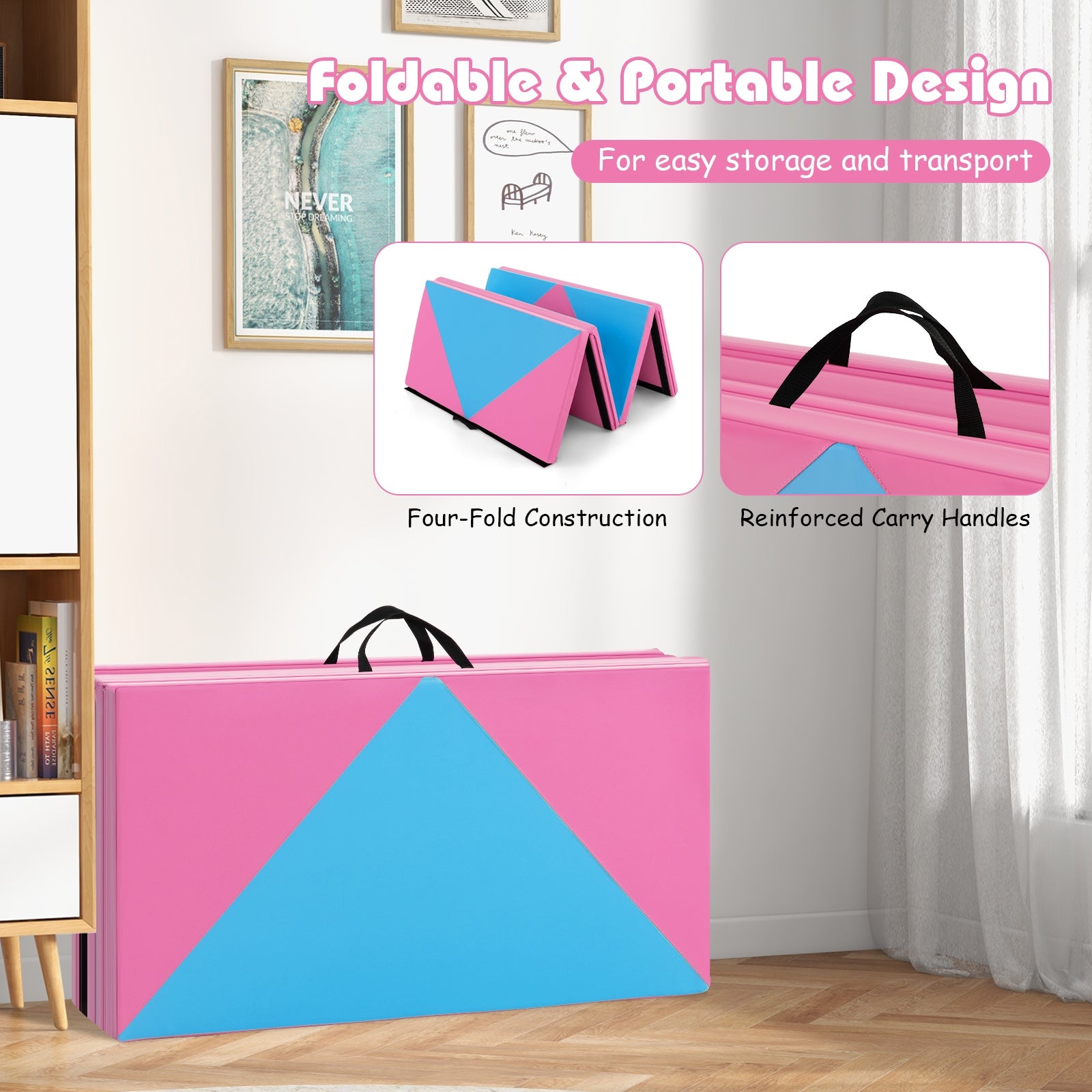 8 Feet PU Leather Folding Gymnastics Mat with Hook and Loop Fasteners-Pink & Blue