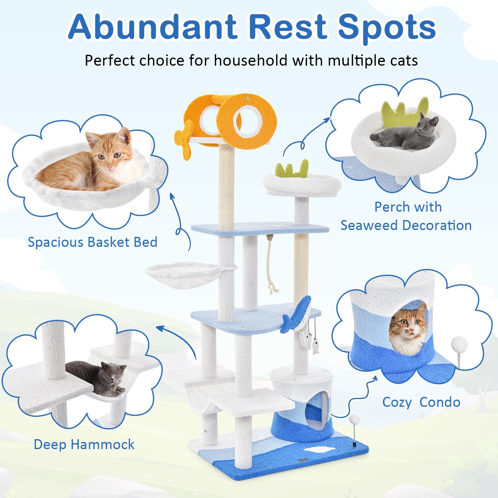 Multi-level Ocean-themed Cat Tree Tower with Sisal Covered Scratching Posts-Blue