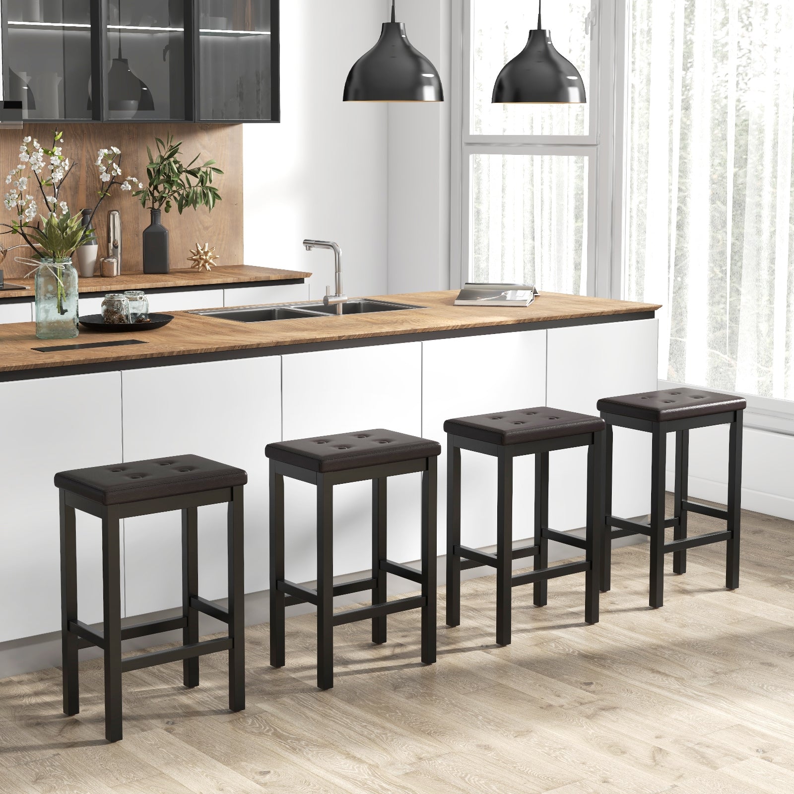24 Inch Bar Stools with Padded Seat Footrest and Rubber Wood Frame-Brown