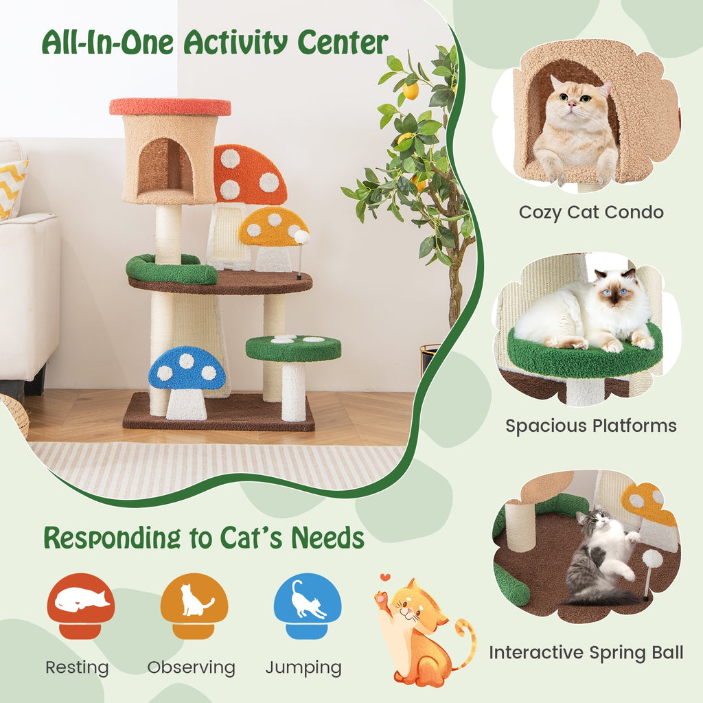 Patended 4-In-1 Mushroom Cat Tree with Condo Spring Ball and Sisal Posts-Multicolor
