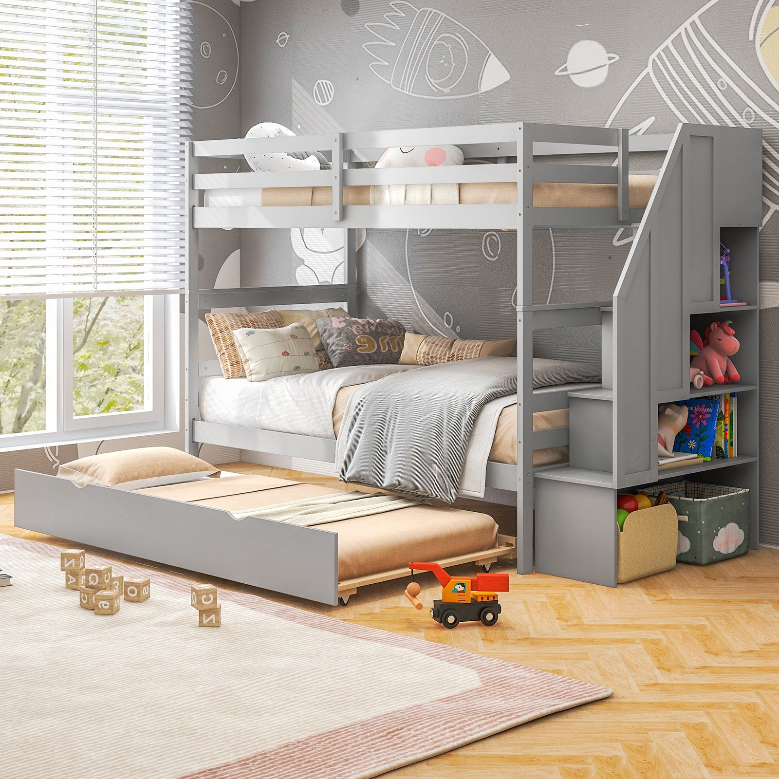 Home Wood Bunk Bed with Guard Rail and 4-step Storage Stairs No Box Spring Needed-Gray